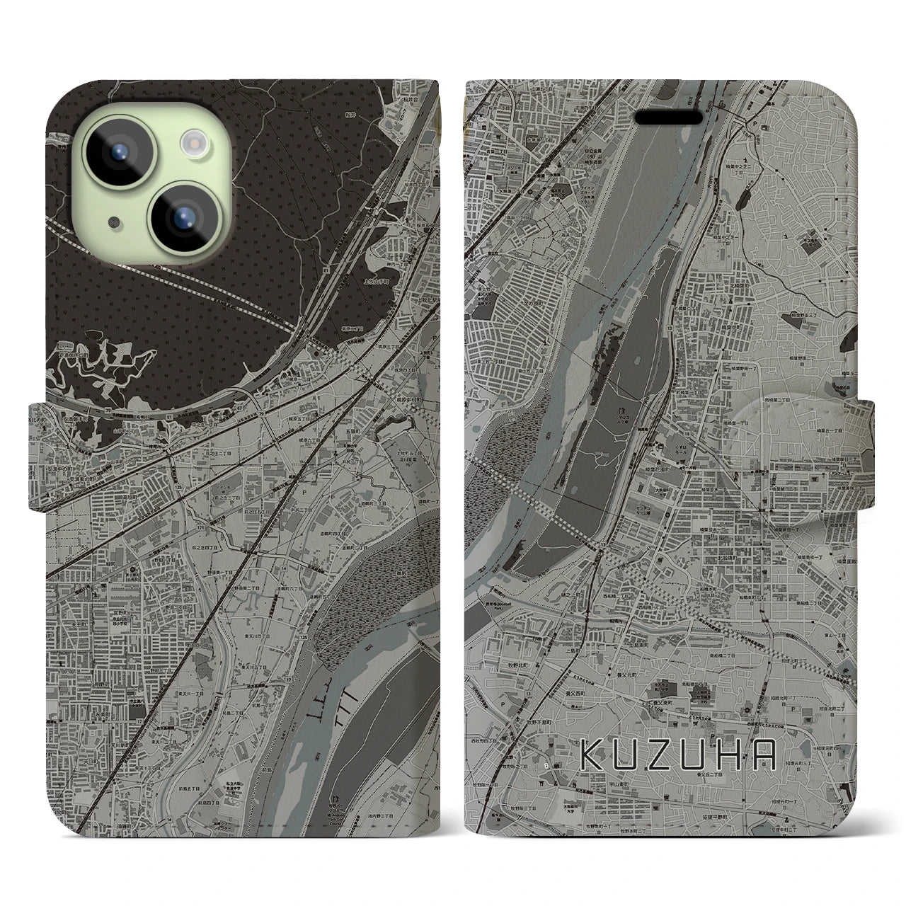 【樟葉(大阪府)】地図柄iPhoneケース(手帳タイプ)モノトーン・iPhone 15 用