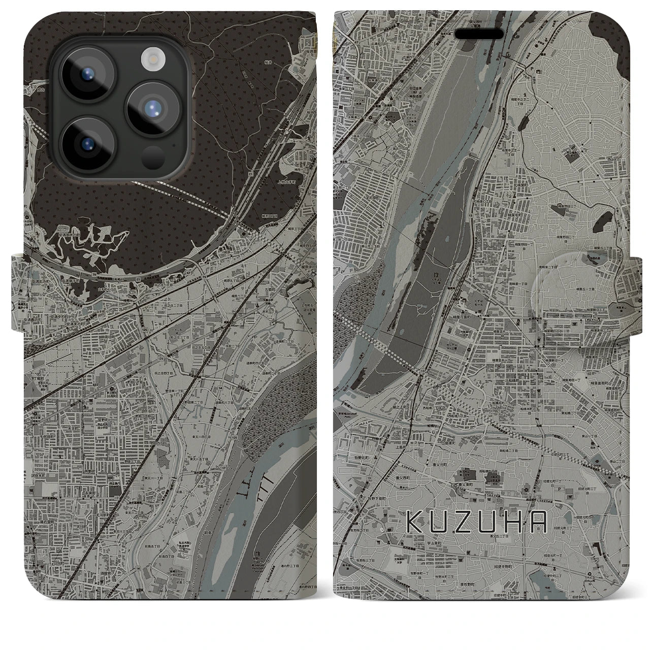 【樟葉(大阪府)】地図柄iPhoneケース(手帳タイプ)モノトーン・iPhone 15 Pro Max 用