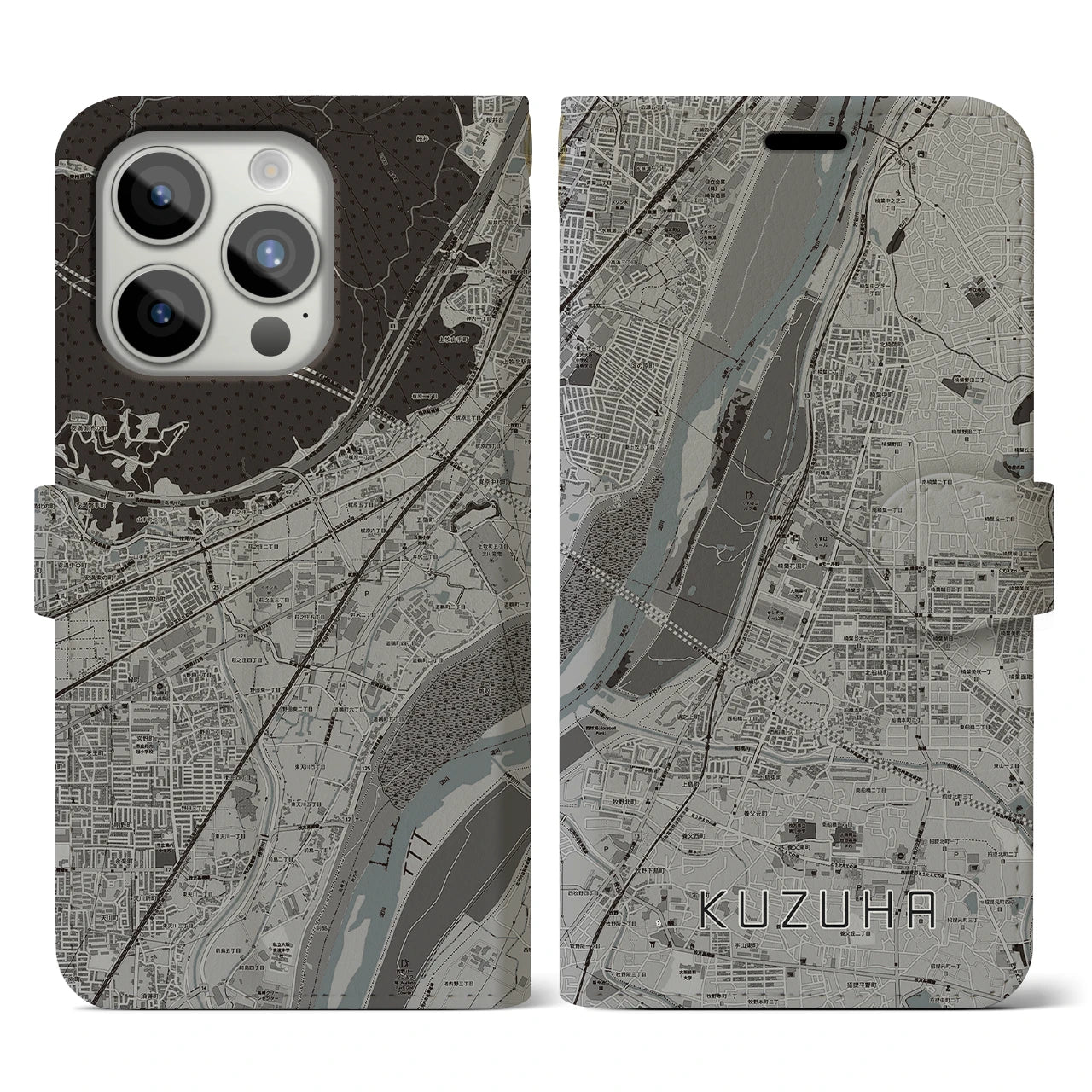 【樟葉(大阪府)】地図柄iPhoneケース(手帳タイプ)モノトーン・iPhone 15 Pro 用