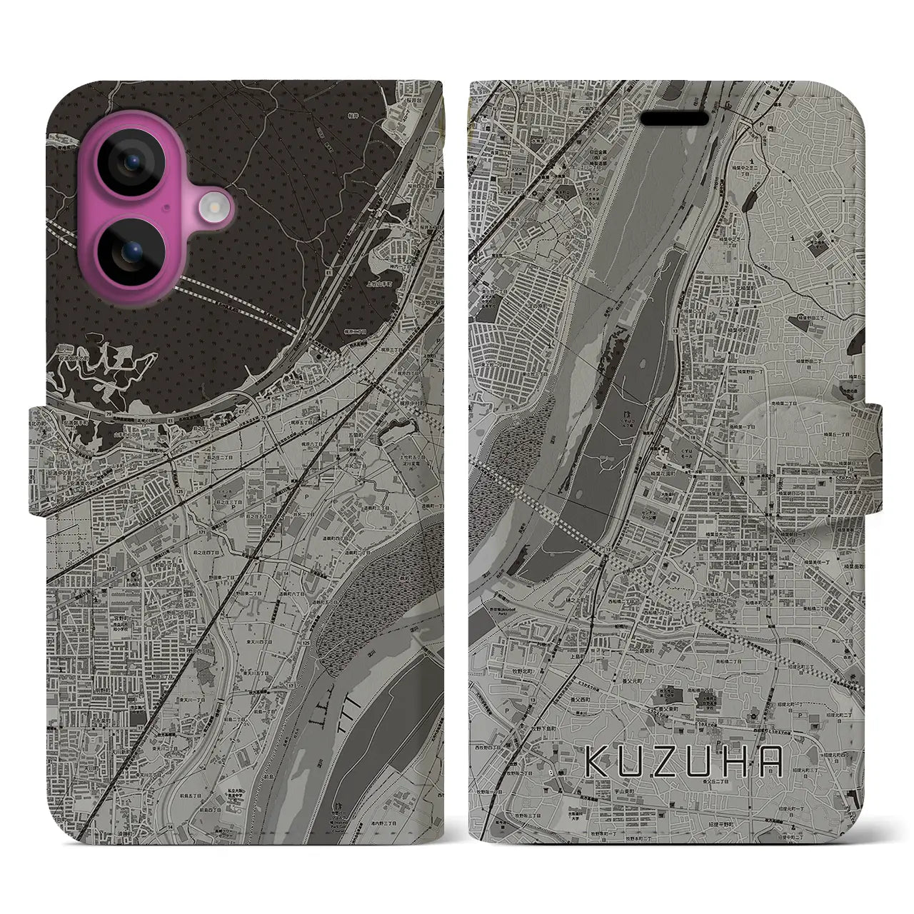 【樟葉(大阪府)】地図柄iPhoneケース(手帳タイプ)モノトーン・iPhone 16 Pro 用