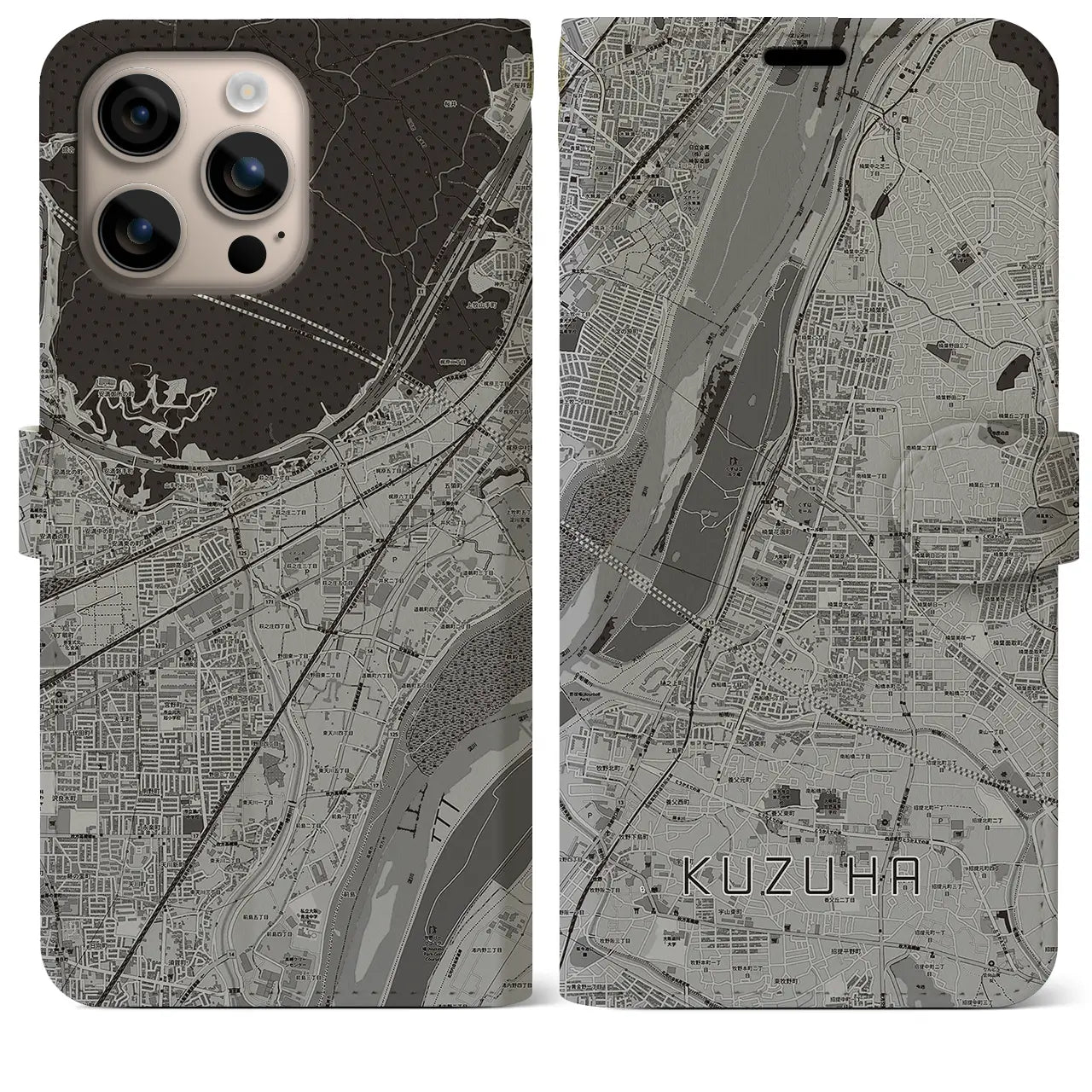 【樟葉(大阪府)】地図柄iPhoneケース(手帳タイプ)モノトーン・iPhone 16 Plus 用