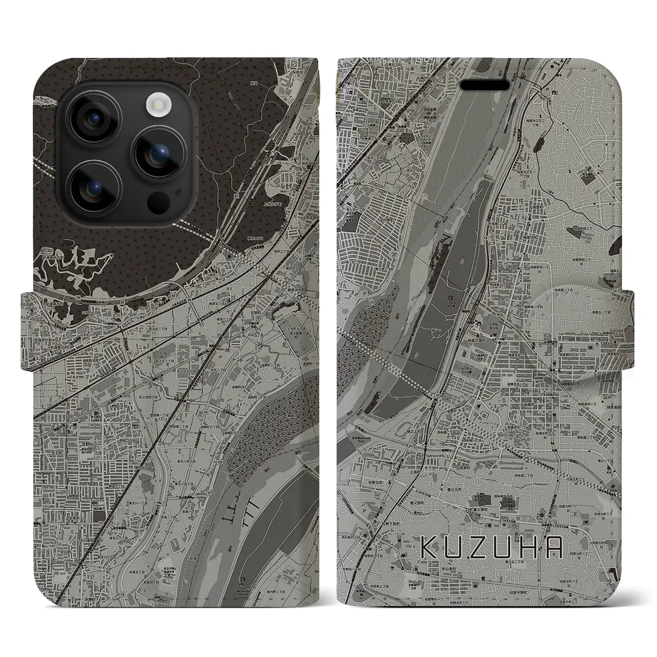 【樟葉(大阪府)】地図柄iPhoneケース(手帳タイプ)モノトーン・iPhone 16 用