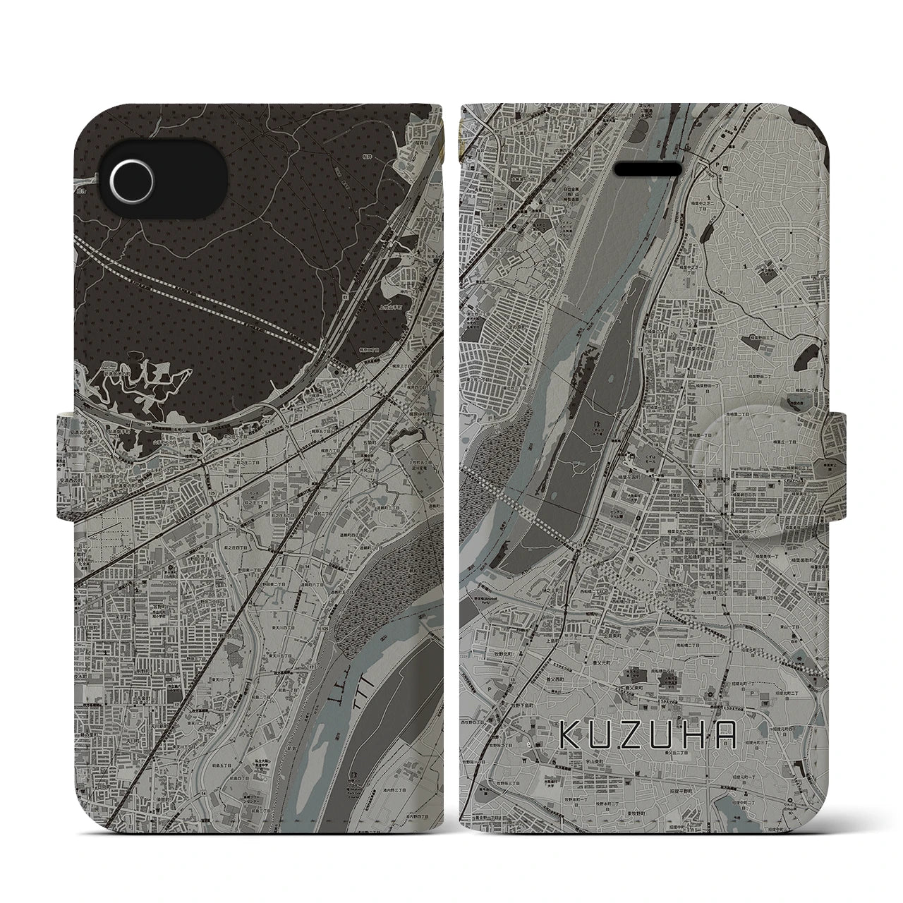 【樟葉(大阪府)】地図柄iPhoneケース(手帳タイプ)モノトーン・iPhone SE(第3 / 第2世代) / 8 / 7 / 6s / 6 用