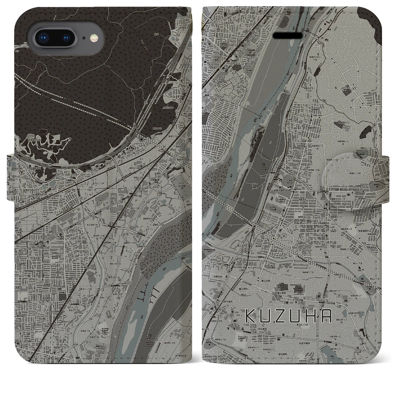 【樟葉(大阪府)】地図柄iPhoneケース(手帳タイプ)モノトーン・iPhone 8Plus /7Plus / 6sPlus / 6Plus 用