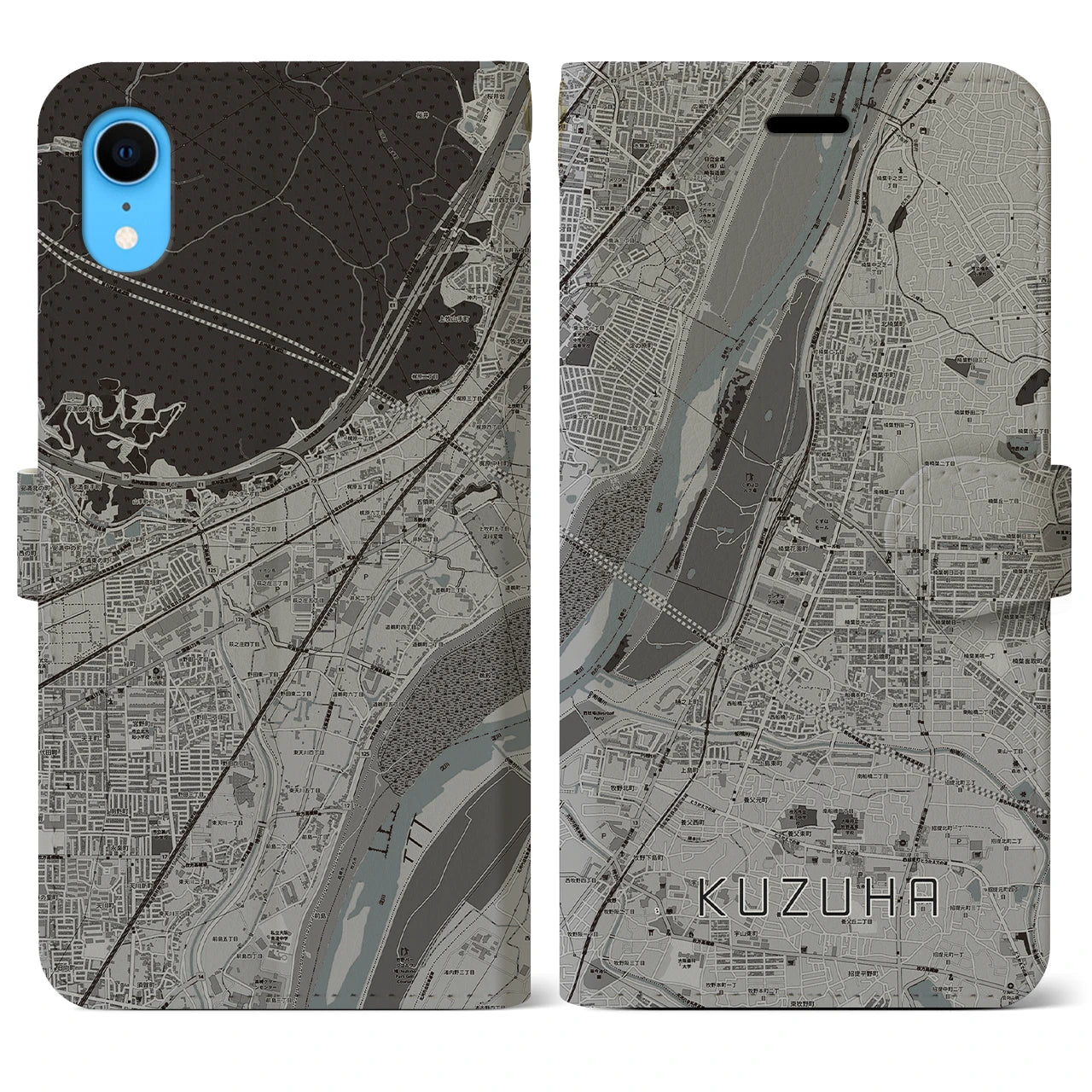 【樟葉(大阪府)】地図柄iPhoneケース(手帳タイプ)モノトーン・iPhone XR 用