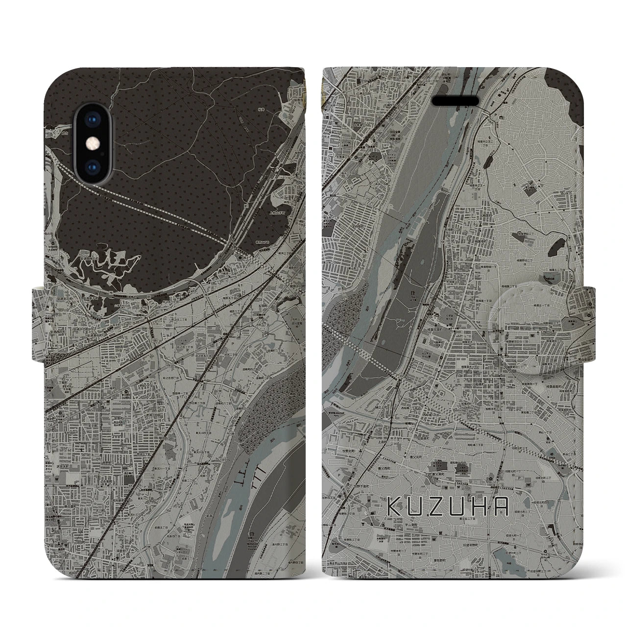 【樟葉(大阪府)】地図柄iPhoneケース(手帳タイプ)モノトーン・iPhone XS / X 用