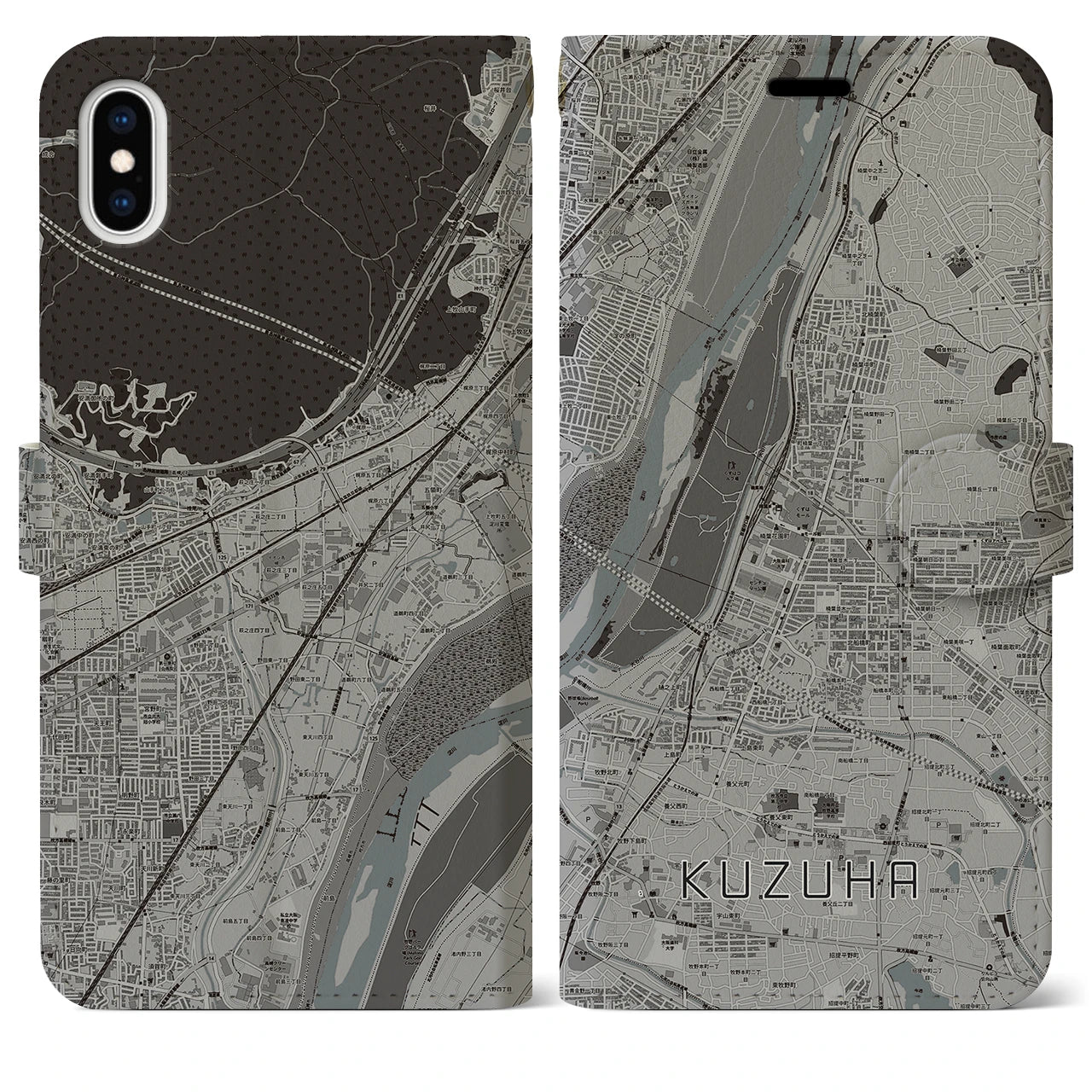 【樟葉(大阪府)】地図柄iPhoneケース(手帳タイプ)モノトーン・iPhone XS Max 用