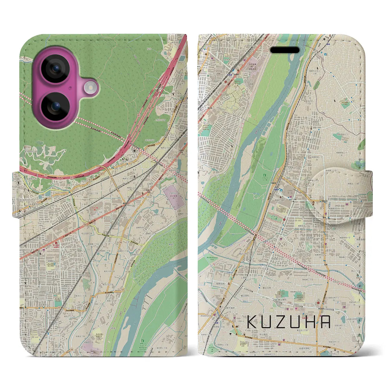 【樟葉(大阪府)】地図柄iPhoneケース(手帳タイプ)ナチュラル・iPhone 16 Pro 用