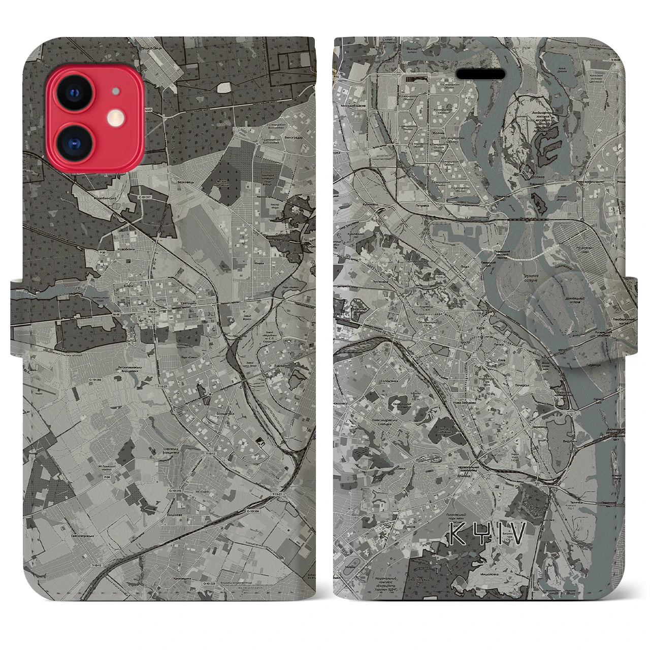 【キーウ(ウクライナ)】地図柄iPhoneケース(手帳タイプ)モノトーン・iPhone 11 用
