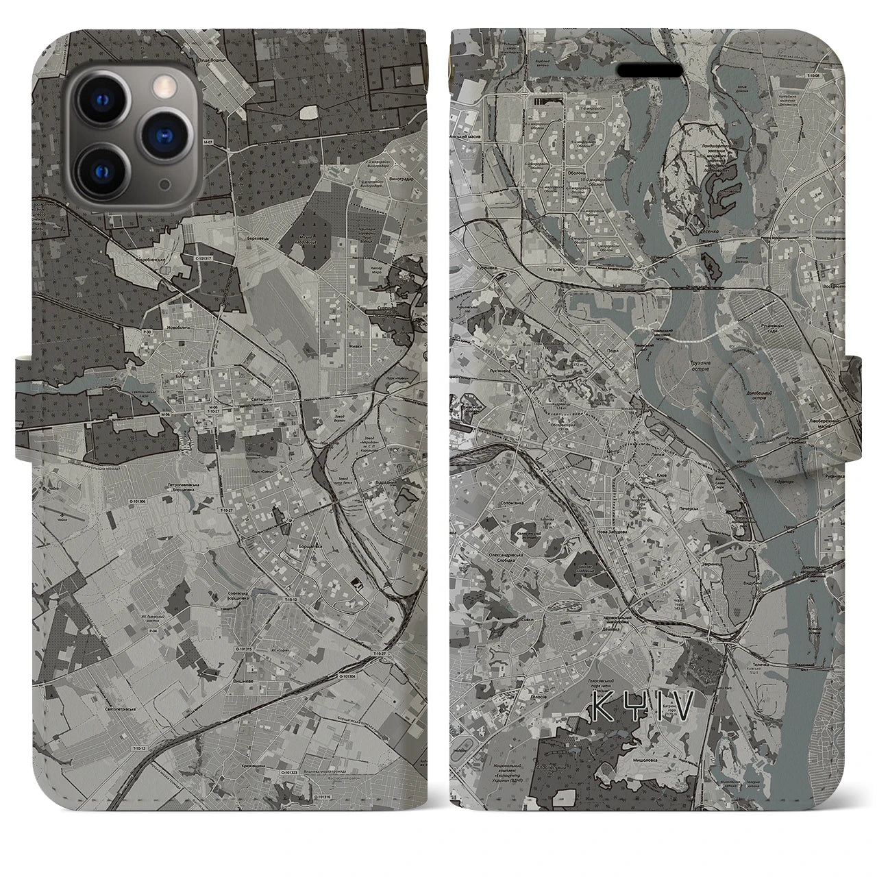 【キーウ(ウクライナ)】地図柄iPhoneケース(手帳タイプ)モノトーン・iPhone 11 Pro Max 用