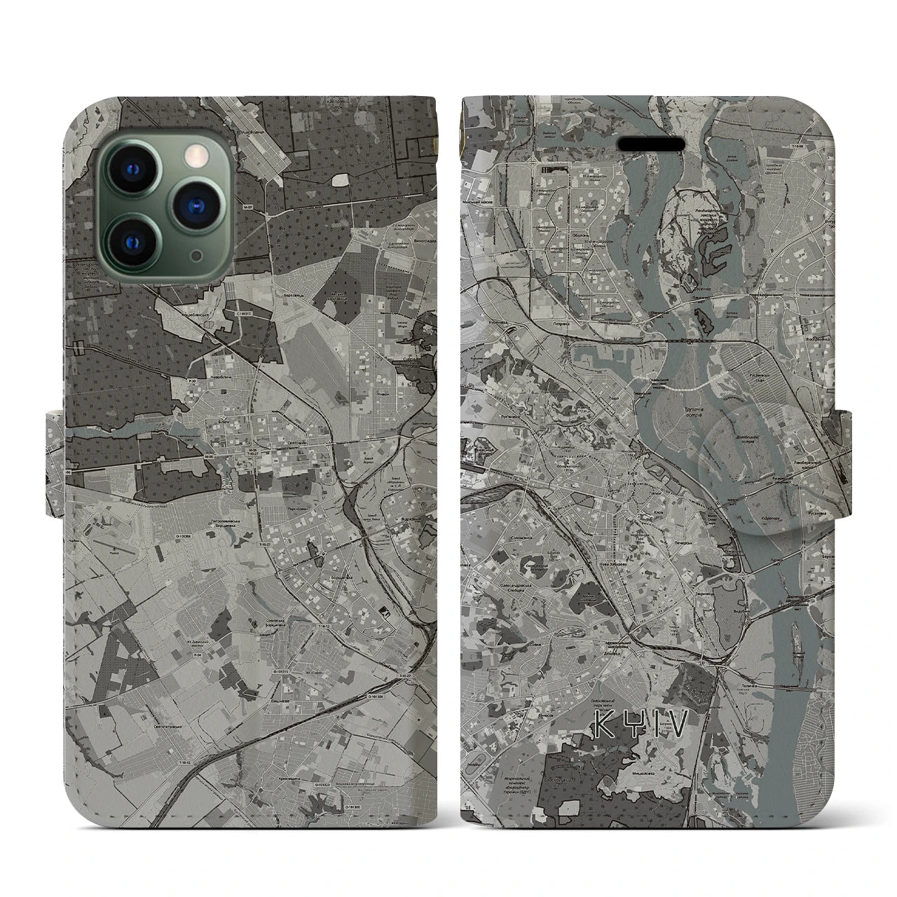 【キーウ(ウクライナ)】地図柄iPhoneケース(手帳タイプ)モノトーン・iPhone 11 Pro 用