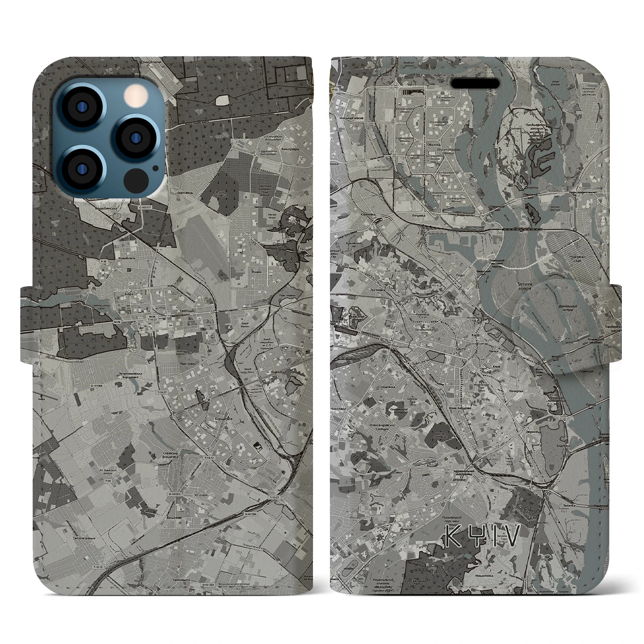 【キーウ(ウクライナ)】地図柄iPhoneケース(手帳タイプ)モノトーン・iPhone 12 / 12 Pro 用