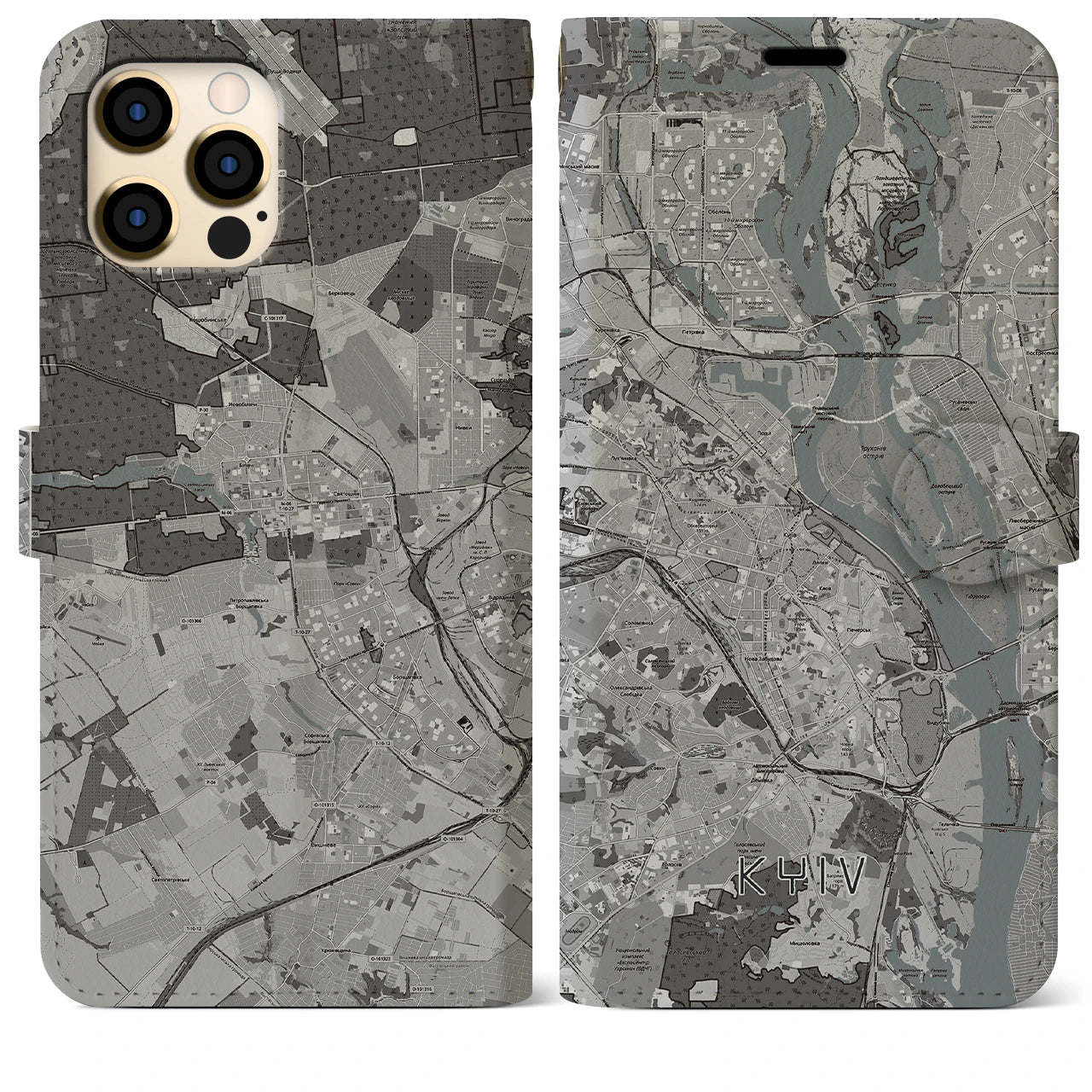 【キーウ(ウクライナ)】地図柄iPhoneケース(手帳タイプ)モノトーン・iPhone 12 Pro Max 用