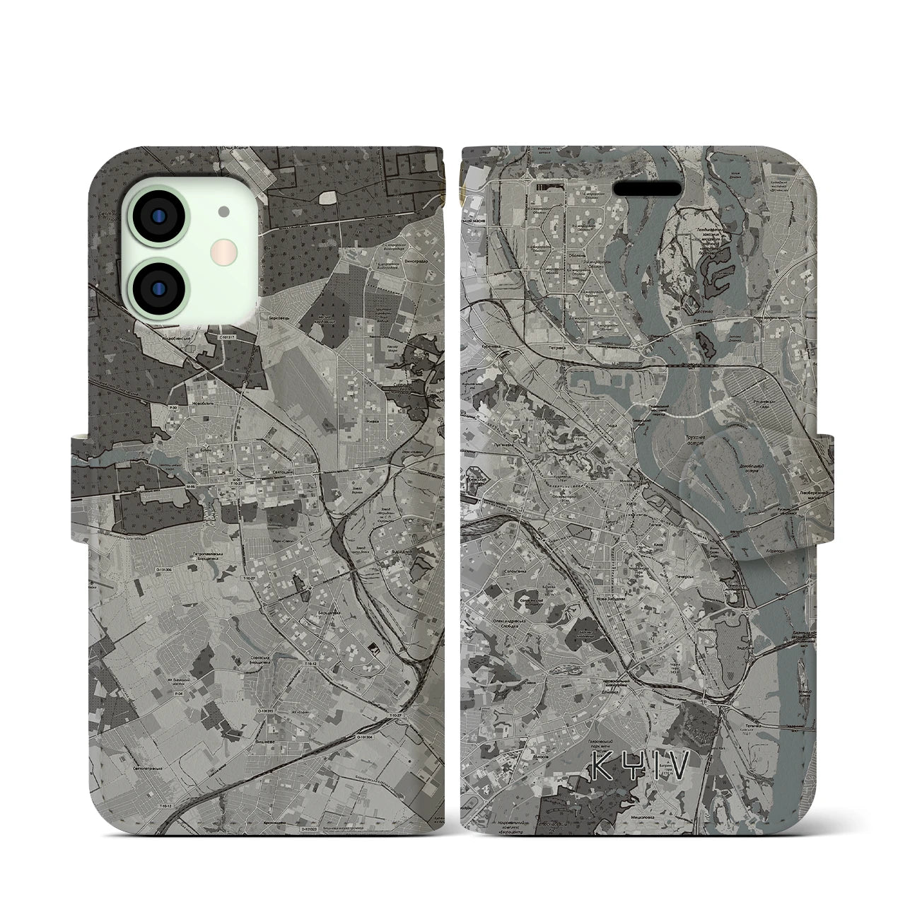 【キーウ(ウクライナ)】地図柄iPhoneケース(手帳タイプ)モノトーン・iPhone 12 mini 用
