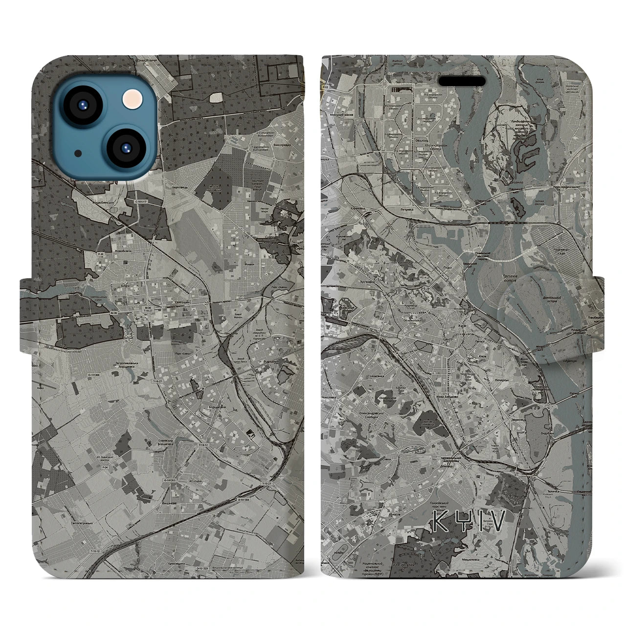 【キーウ(ウクライナ)】地図柄iPhoneケース(手帳タイプ)モノトーン・iPhone 13 用