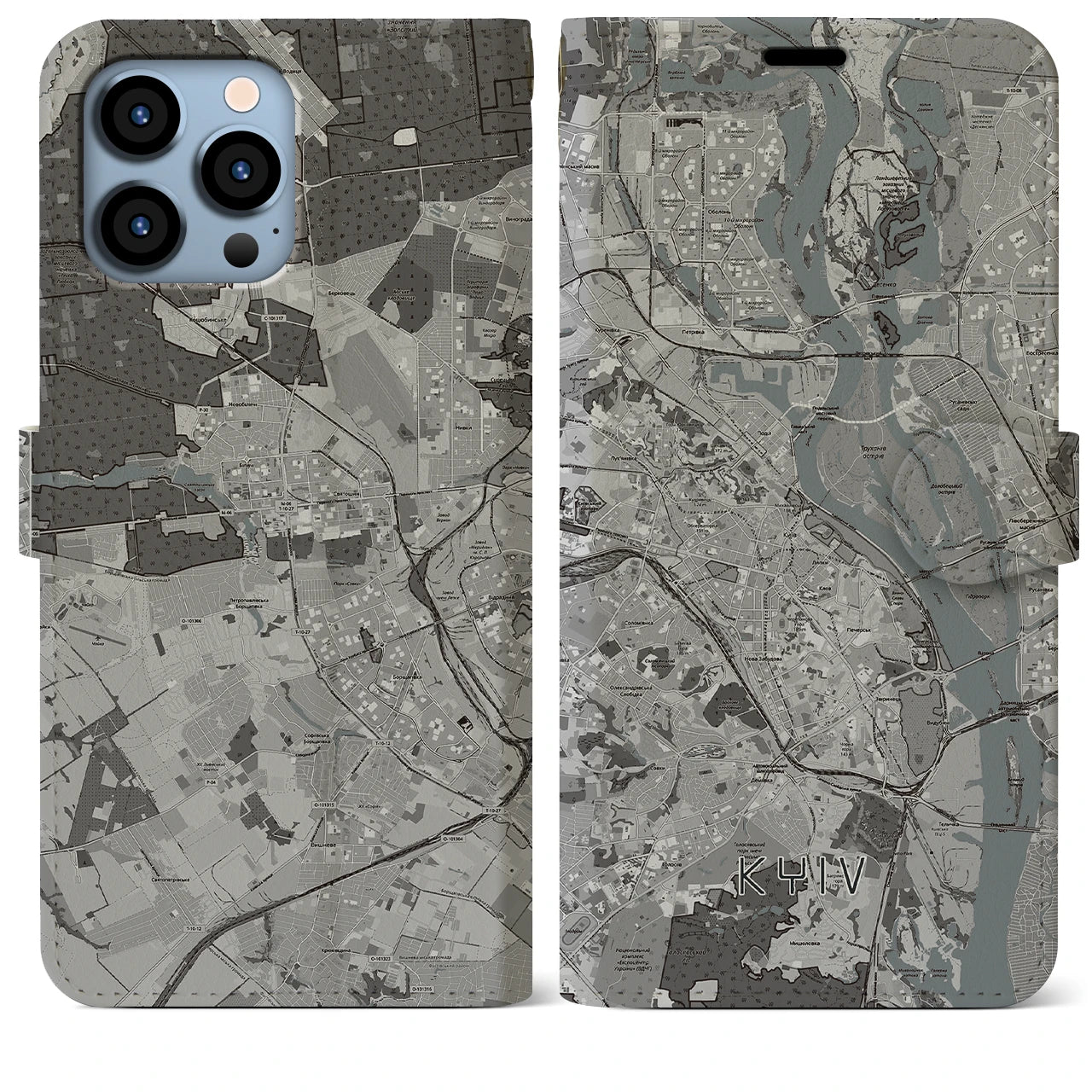 【キーウ(ウクライナ)】地図柄iPhoneケース(手帳タイプ)モノトーン・iPhone 13 Pro Max 用