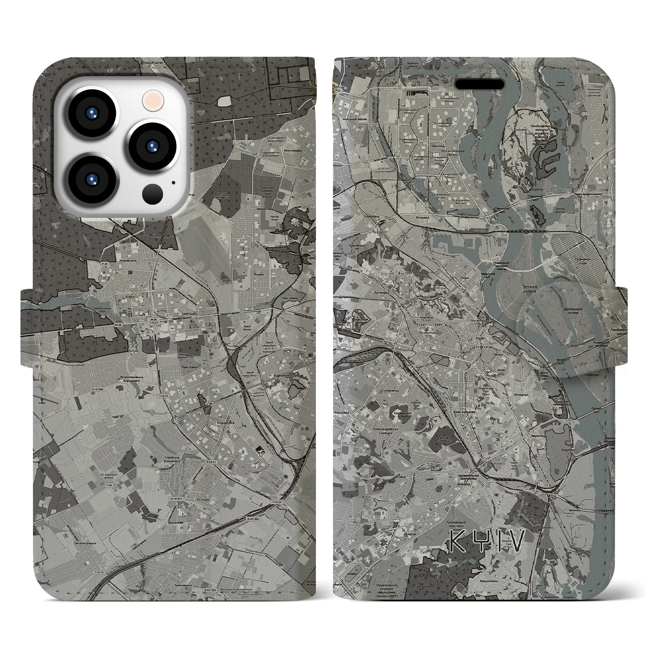 【キーウ(ウクライナ)】地図柄iPhoneケース(手帳タイプ)モノトーン・iPhone 13 Pro 用