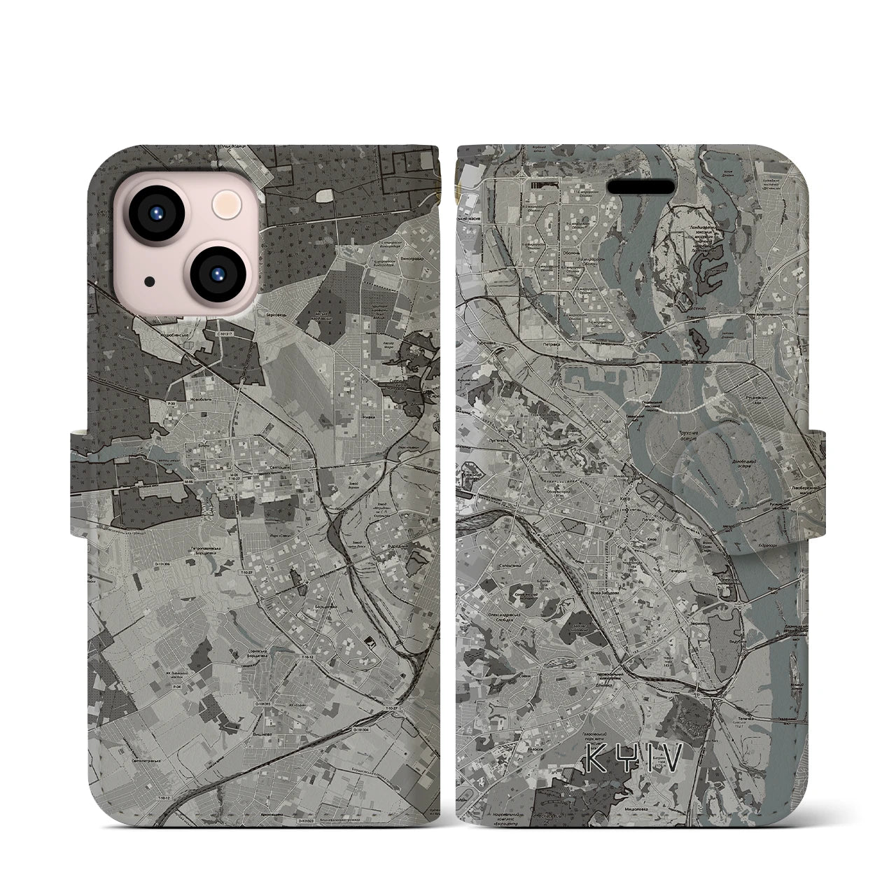 【キーウ(ウクライナ)】地図柄iPhoneケース(手帳タイプ)モノトーン・iPhone 13 mini 用