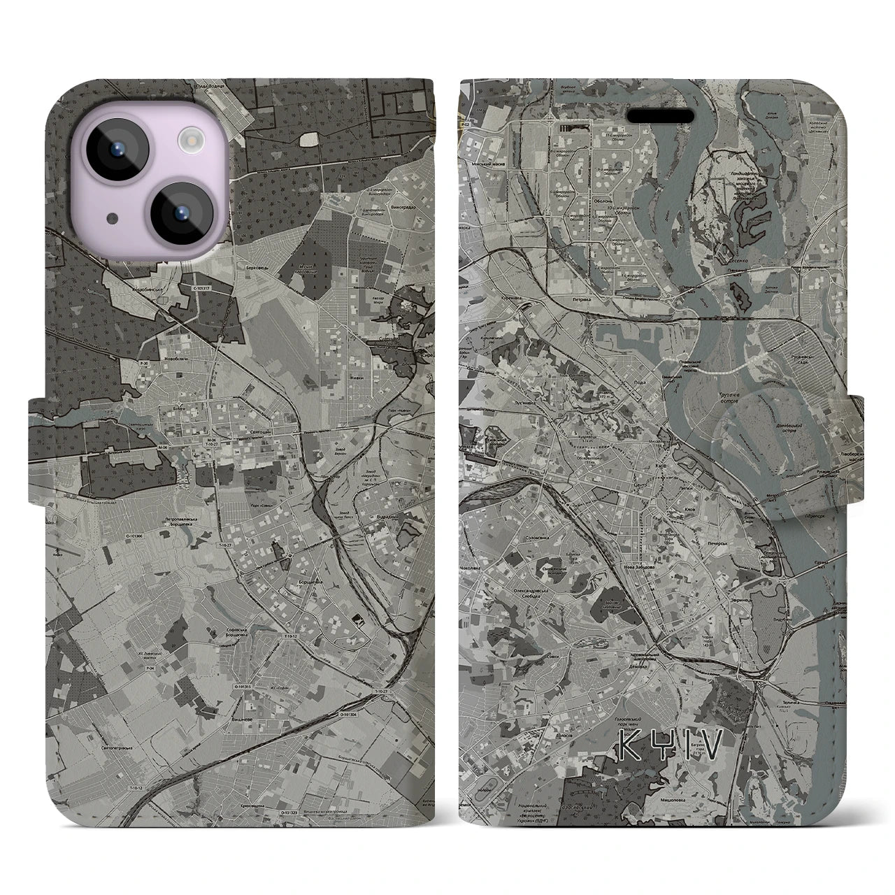 【キーウ(ウクライナ)】地図柄iPhoneケース(手帳タイプ)モノトーン・iPhone 14 用