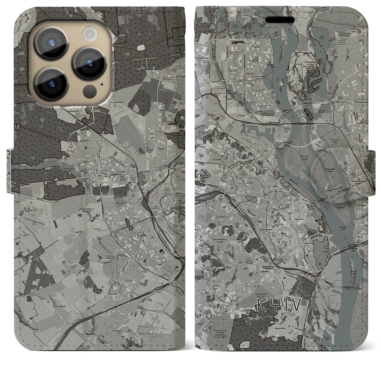 【キーウ(ウクライナ)】地図柄iPhoneケース(手帳タイプ)モノトーン・iPhone 14 Pro Max 用
