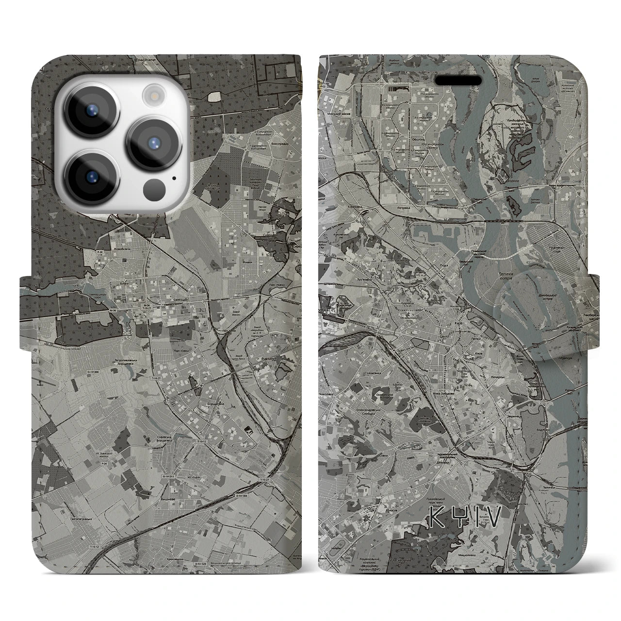 【キーウ(ウクライナ)】地図柄iPhoneケース(手帳タイプ)モノトーン・iPhone 14 Pro 用