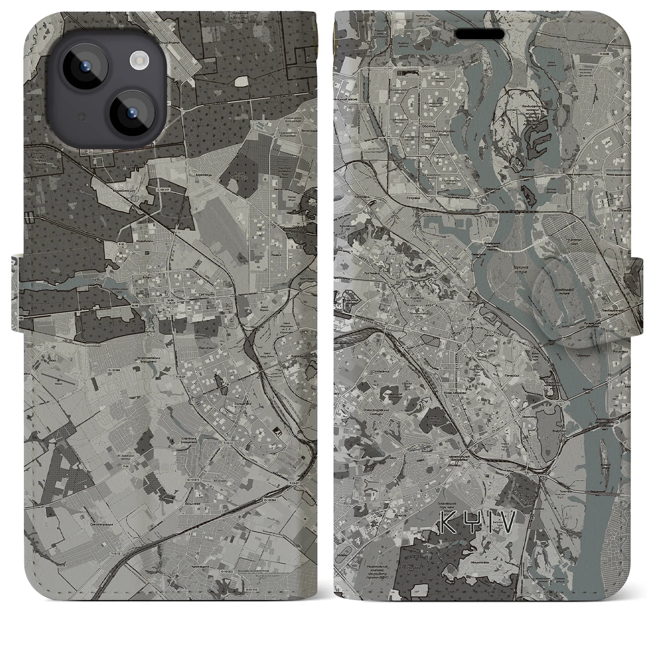 【キーウ(ウクライナ)】地図柄iPhoneケース(手帳タイプ)モノトーン・iPhone 14 Plus 用
