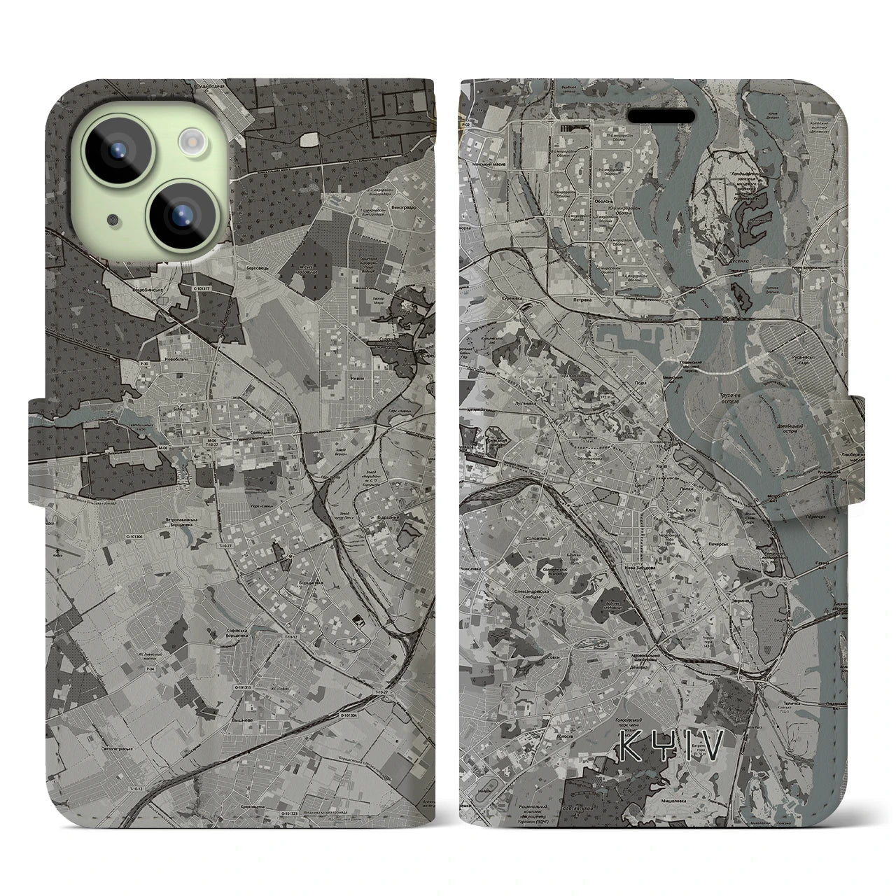 【キーウ(ウクライナ)】地図柄iPhoneケース(手帳タイプ)モノトーン・iPhone 15 用