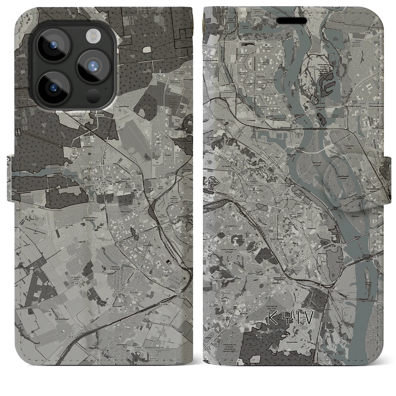 【キーウ(ウクライナ)】地図柄iPhoneケース(手帳タイプ)モノトーン・iPhone 15 Pro Max 用