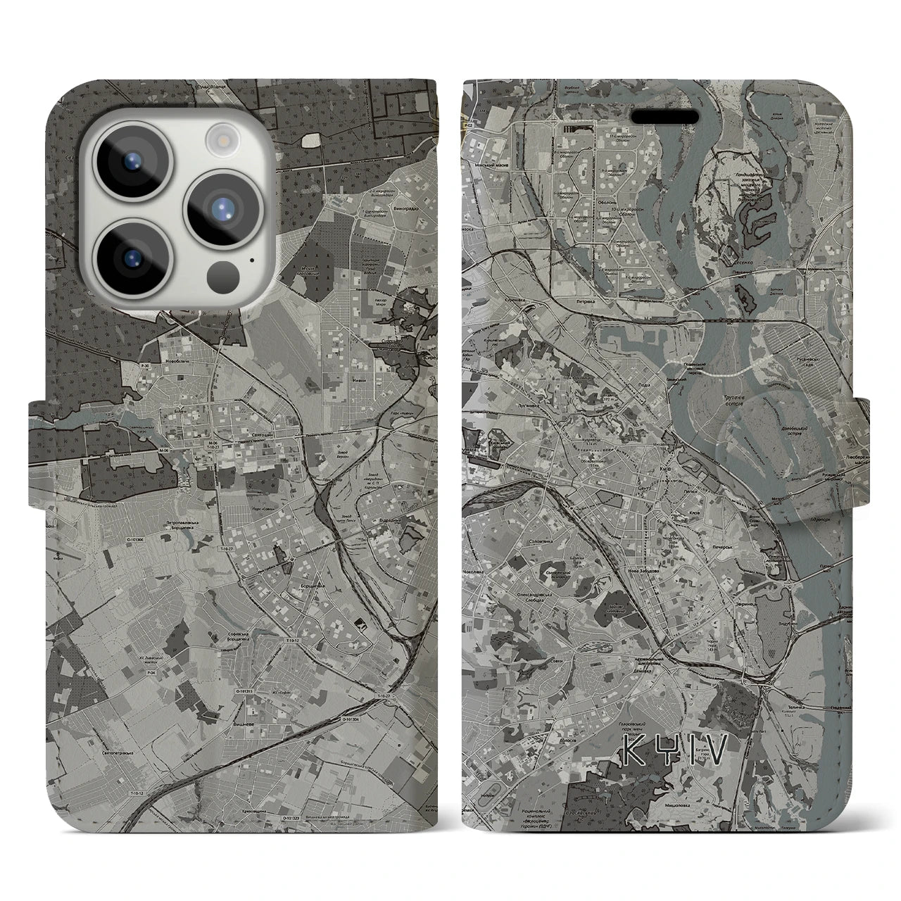 【キーウ(ウクライナ)】地図柄iPhoneケース(手帳タイプ)モノトーン・iPhone 15 Pro 用