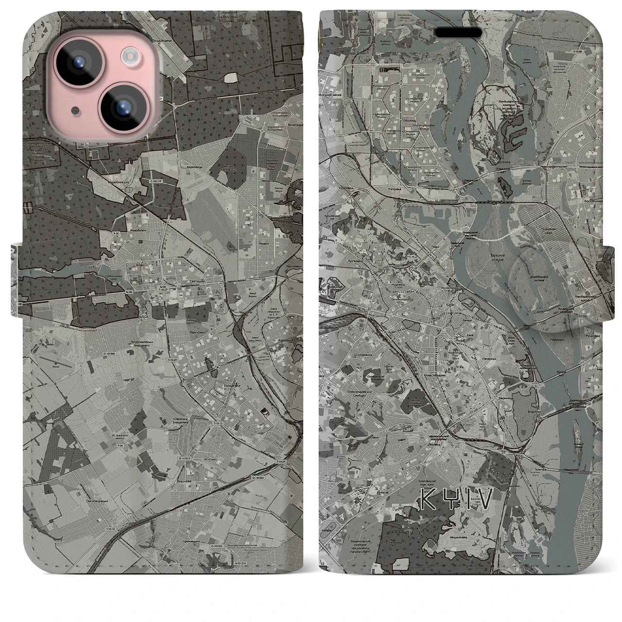 【キーウ(ウクライナ)】地図柄iPhoneケース(手帳タイプ)モノトーン・iPhone 15 Plus 用