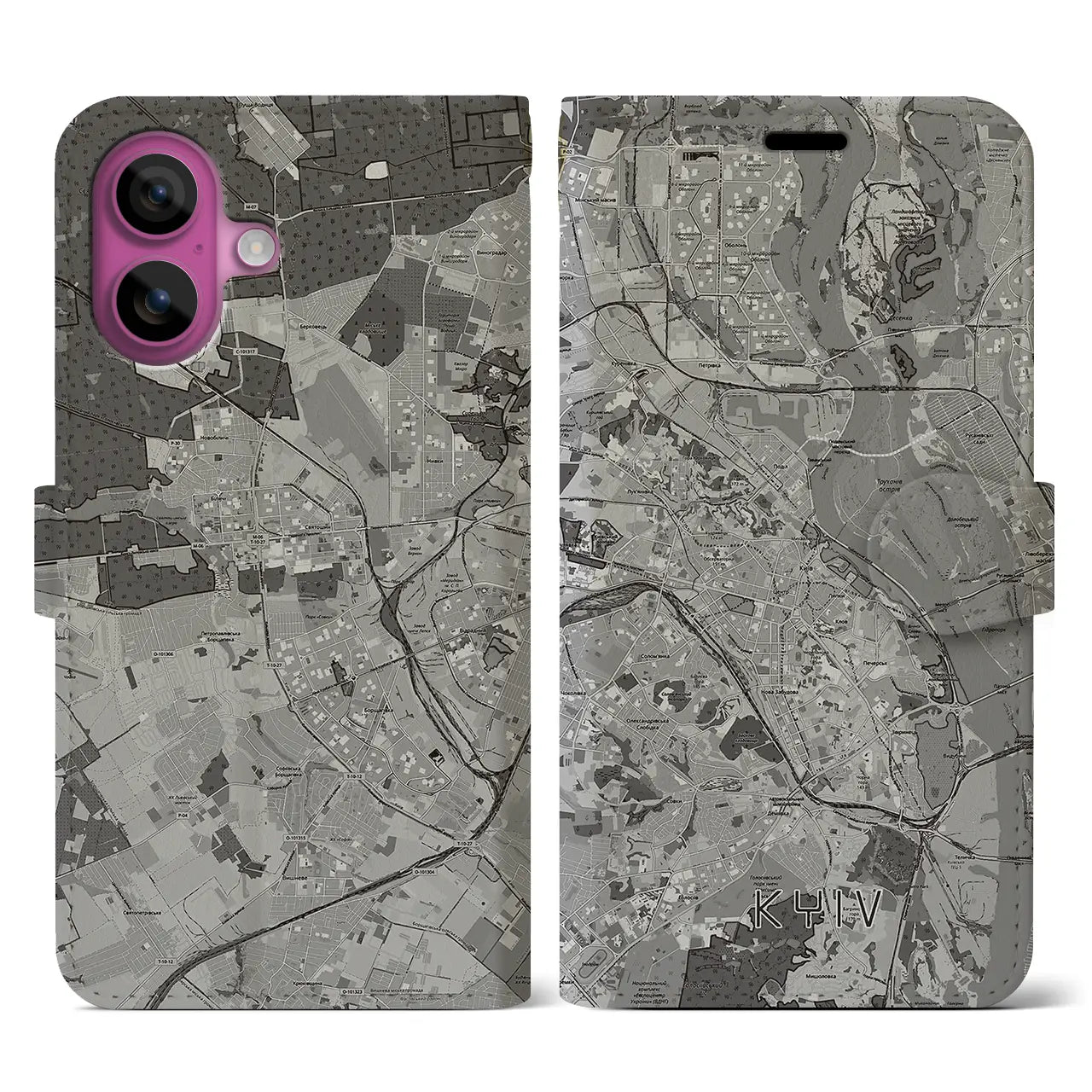 【キーウ(ウクライナ)】地図柄iPhoneケース(手帳タイプ)モノトーン・iPhone 16 Pro 用