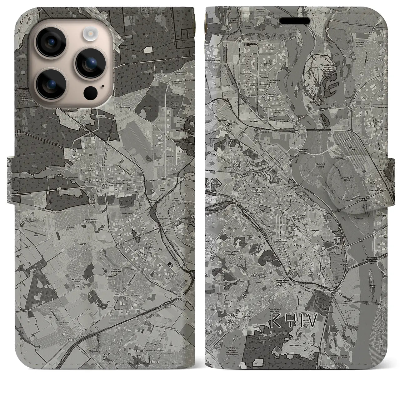 【キーウ(ウクライナ)】地図柄iPhoneケース(手帳タイプ)モノトーン・iPhone 16 Plus 用