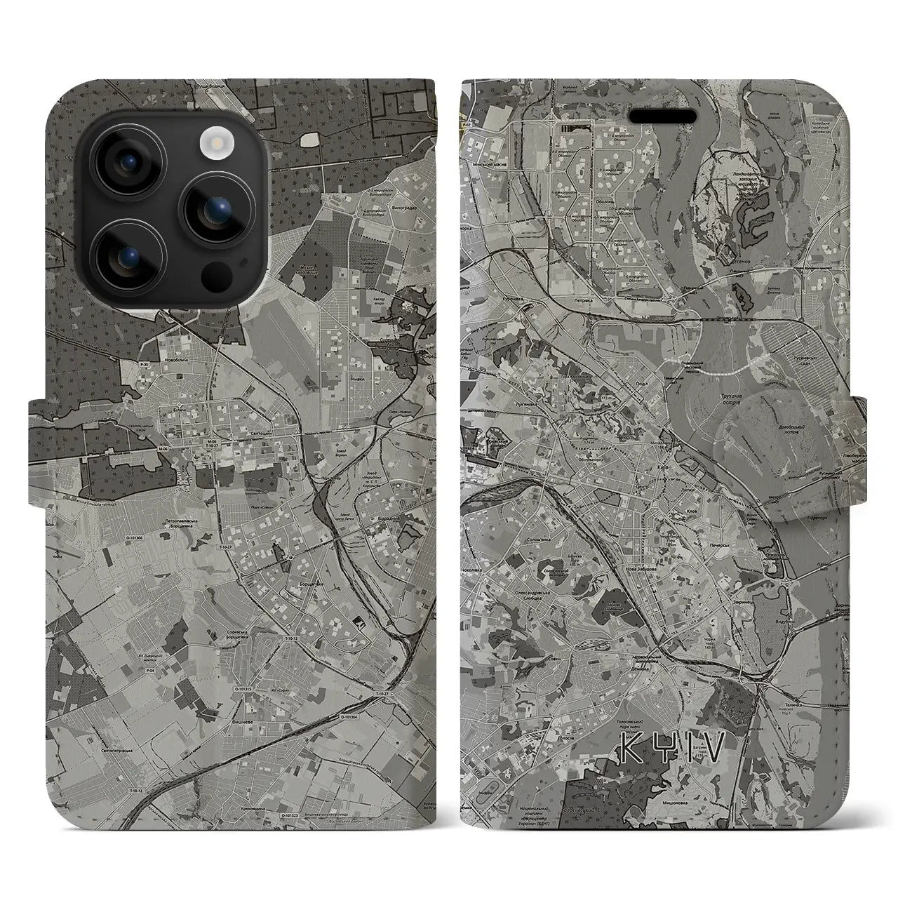 【キーウ(ウクライナ)】地図柄iPhoneケース(手帳タイプ)モノトーン・iPhone 16 用
