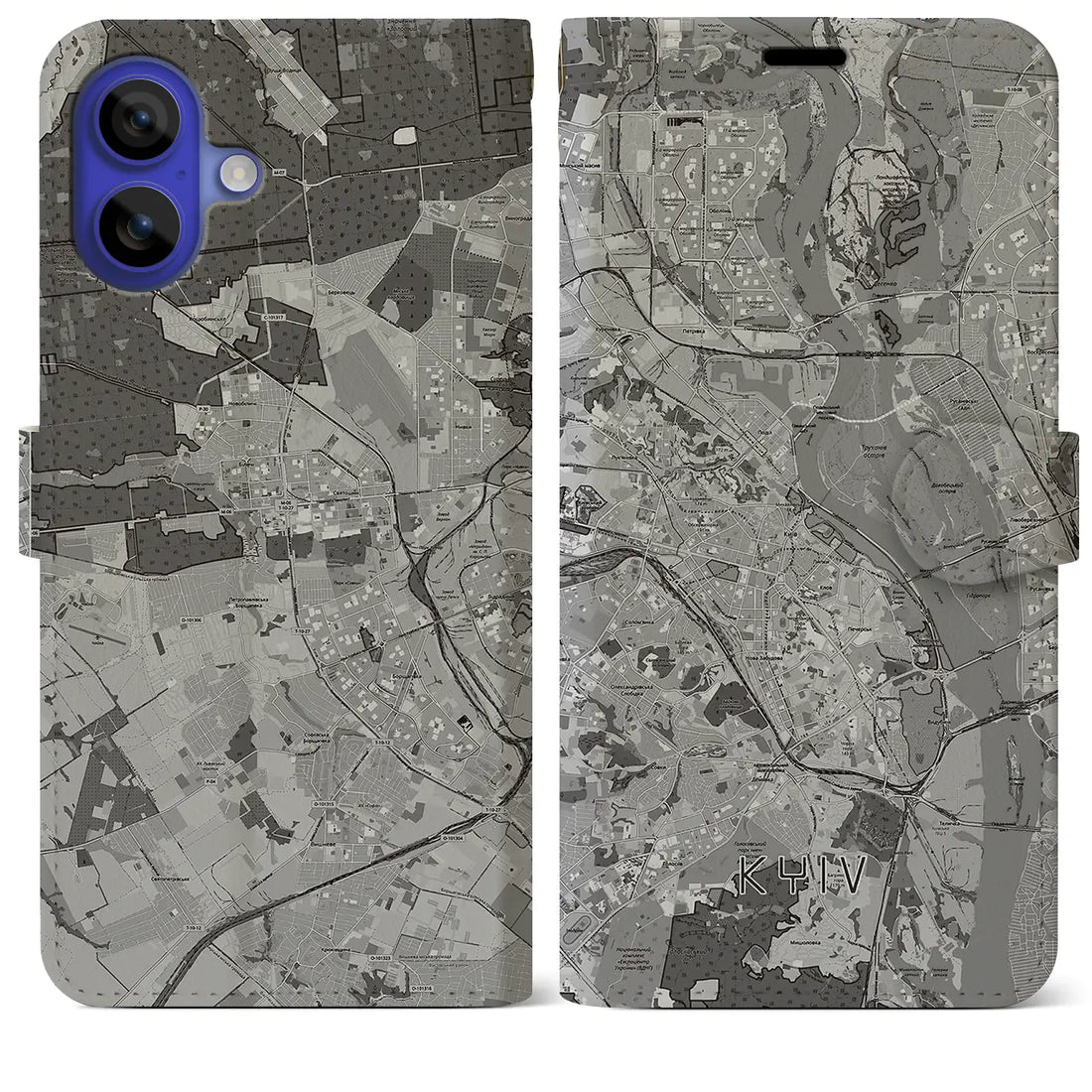 【キーウ(ウクライナ)】地図柄iPhoneケース(手帳タイプ)モノトーン・iPhone 16 Pro Max 用