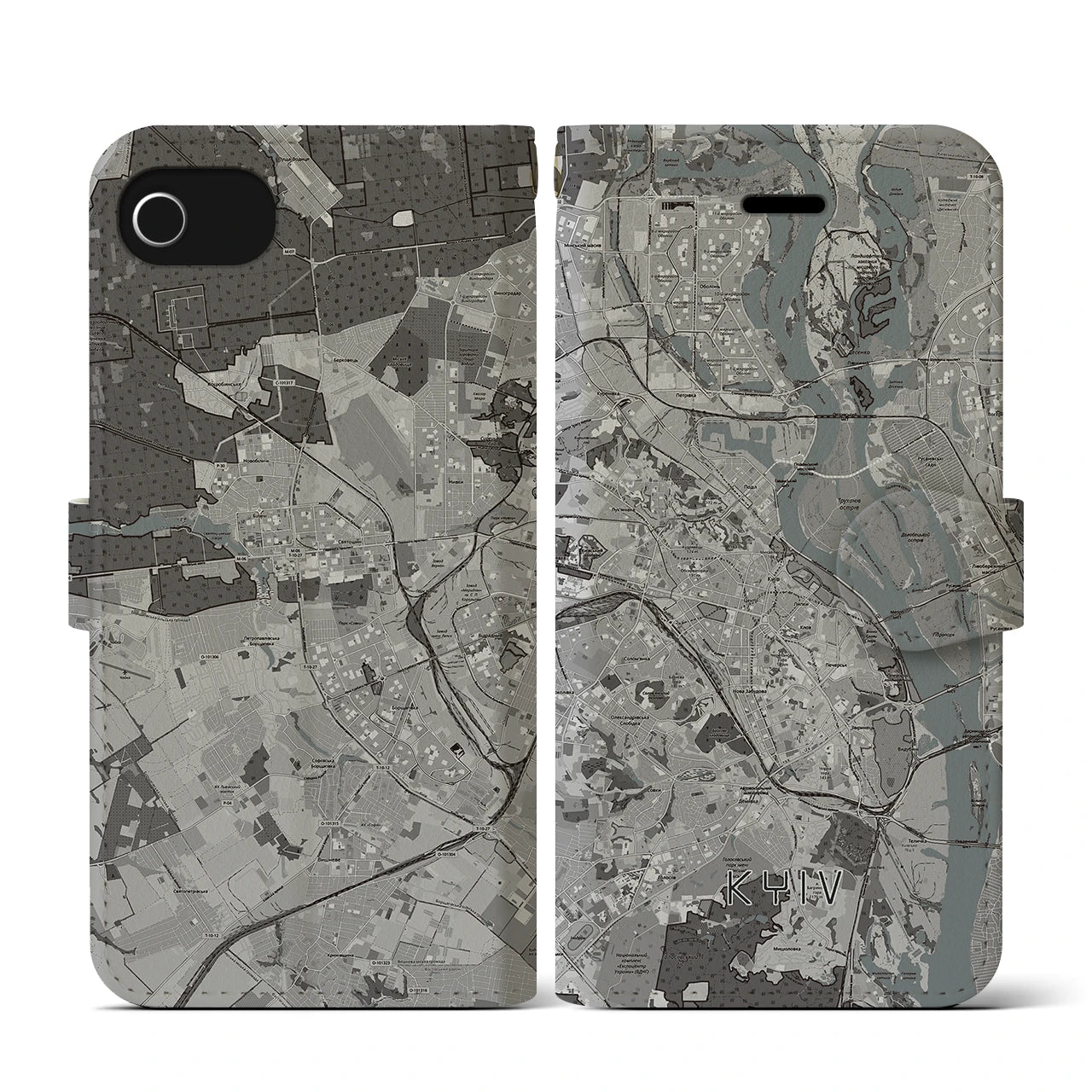 【キーウ(ウクライナ)】地図柄iPhoneケース(手帳タイプ)モノトーン・iPhone SE(第3 / 第2世代) / 8 / 7 / 6s / 6 用