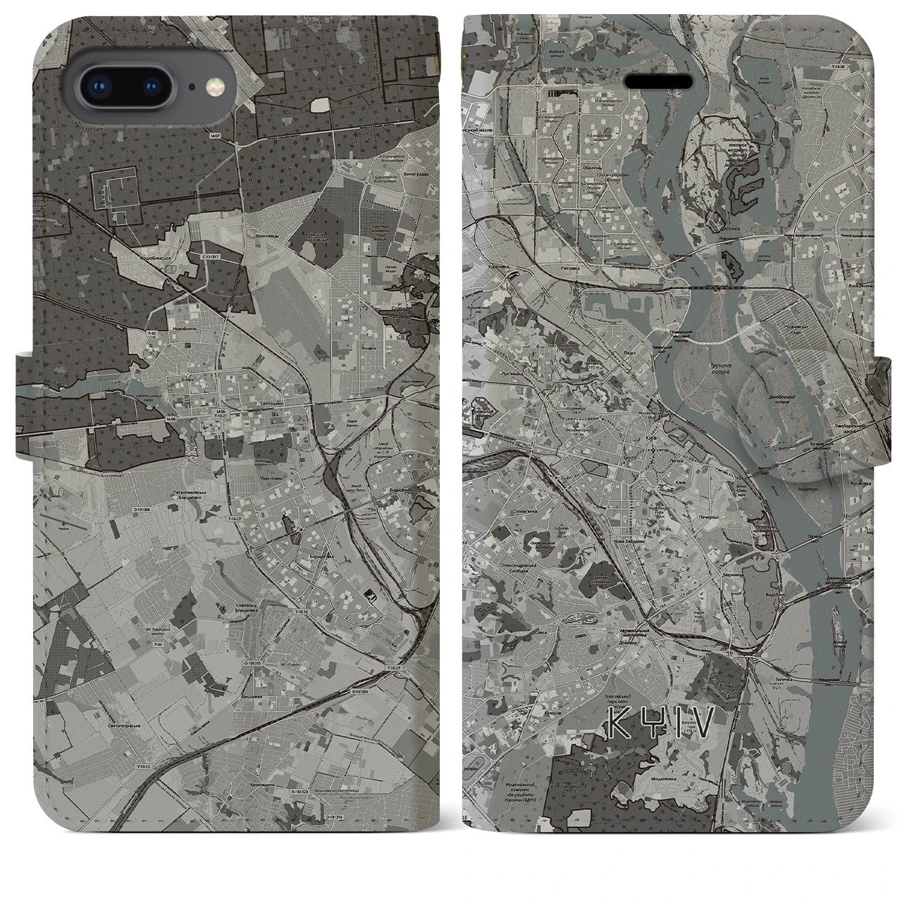 【キーウ(ウクライナ)】地図柄iPhoneケース(手帳タイプ)モノトーン・iPhone 8Plus /7Plus / 6sPlus / 6Plus 用
