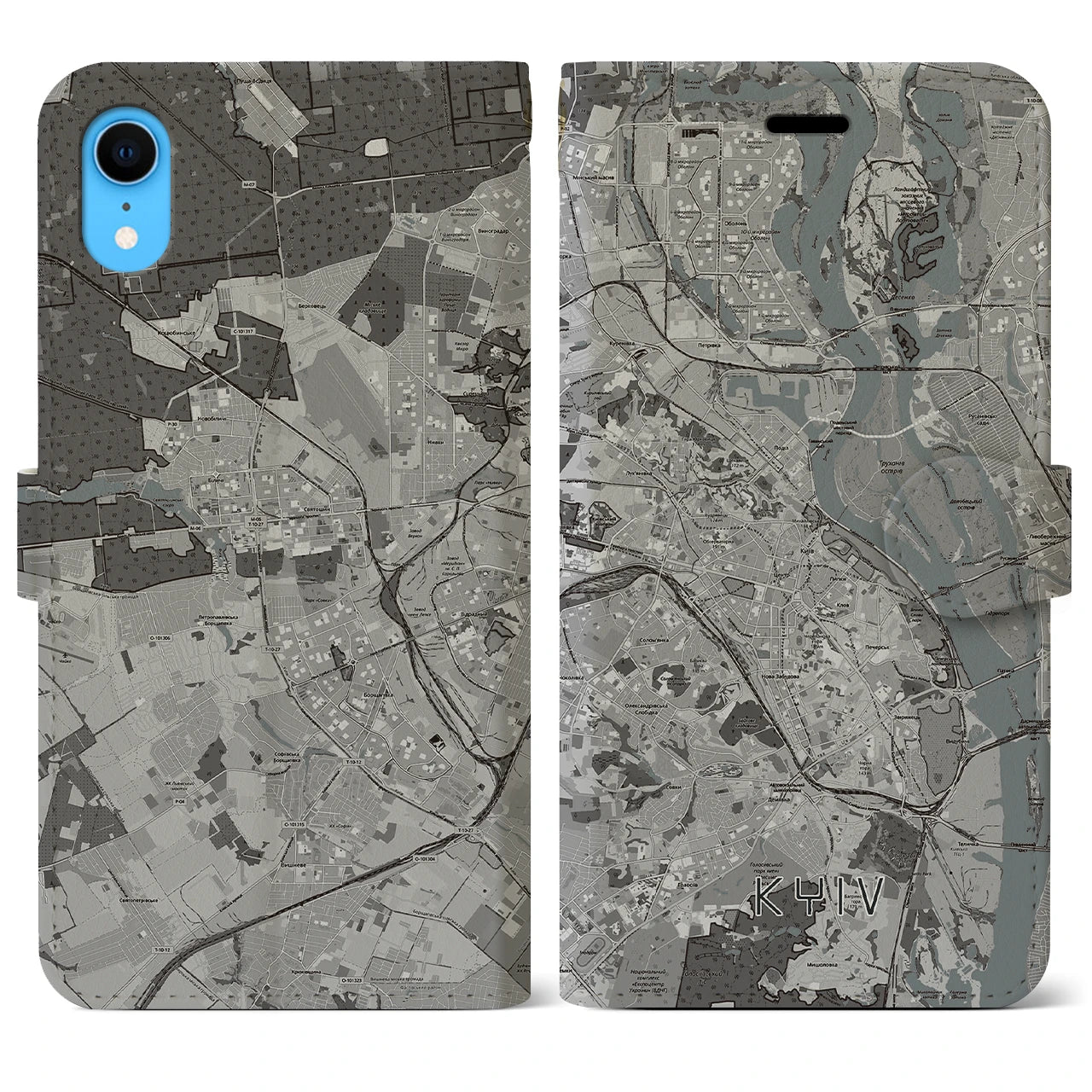 【キーウ(ウクライナ)】地図柄iPhoneケース(手帳タイプ)モノトーン・iPhone XR 用