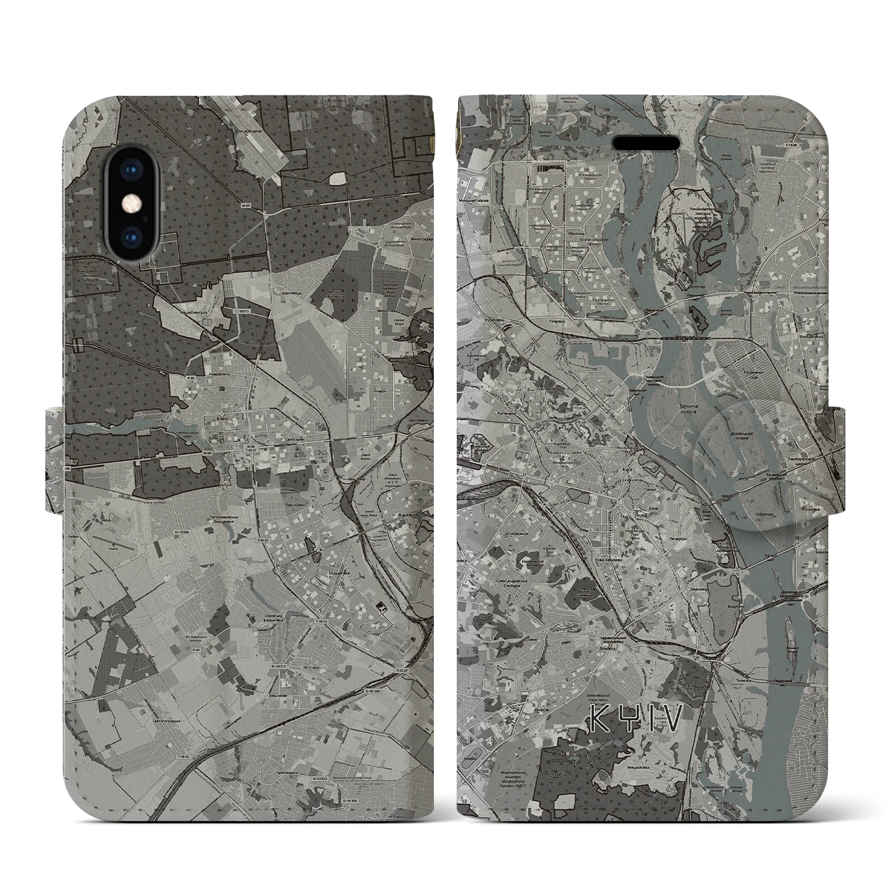 【キーウ(ウクライナ)】地図柄iPhoneケース(手帳タイプ)モノトーン・iPhone XS / X 用