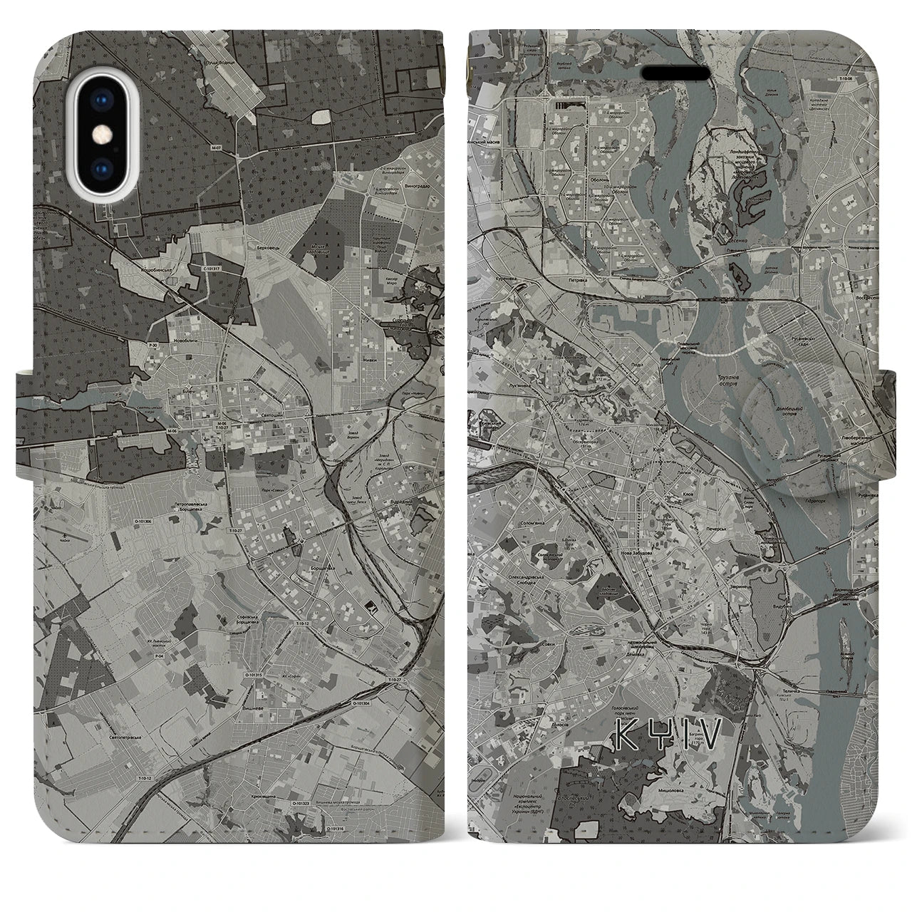 【キーウ(ウクライナ)】地図柄iPhoneケース(手帳タイプ)モノトーン・iPhone XS Max 用