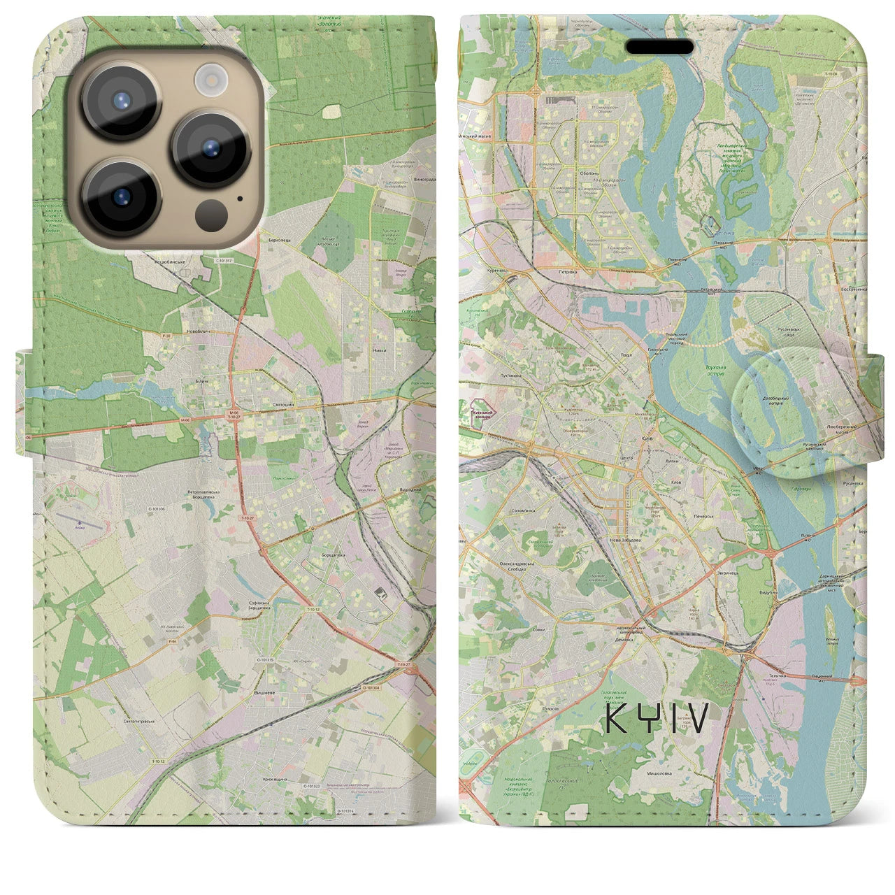 【キーウ(ウクライナ)】地図柄iPhoneケース(手帳タイプ)ナチュラル・iPhone 14 Pro Max 用
