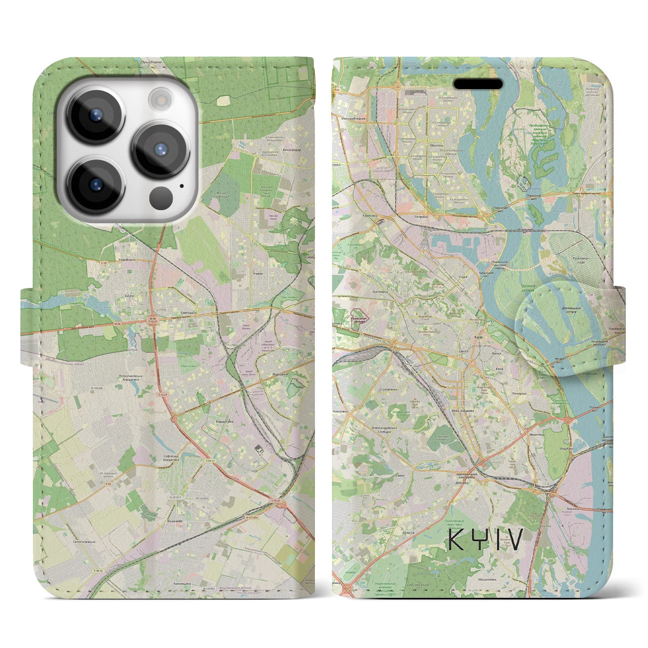 【キーウ(ウクライナ)】地図柄iPhoneケース(手帳タイプ)ナチュラル・iPhone 14 Pro 用