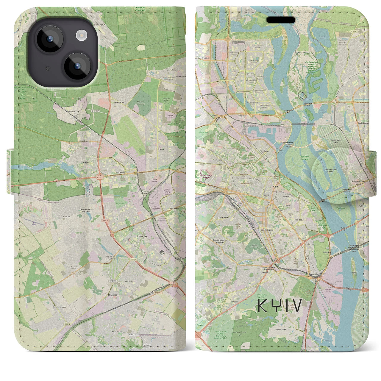 【キーウ(ウクライナ)】地図柄iPhoneケース(手帳タイプ)ナチュラル・iPhone 14 Plus 用