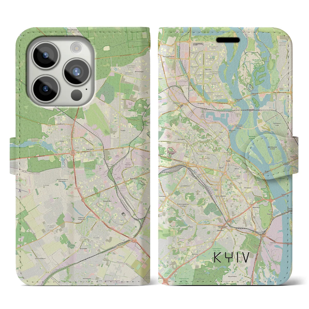 【キーウ(ウクライナ)】地図柄iPhoneケース(手帳タイプ)ナチュラル・iPhone 15 Pro 用
