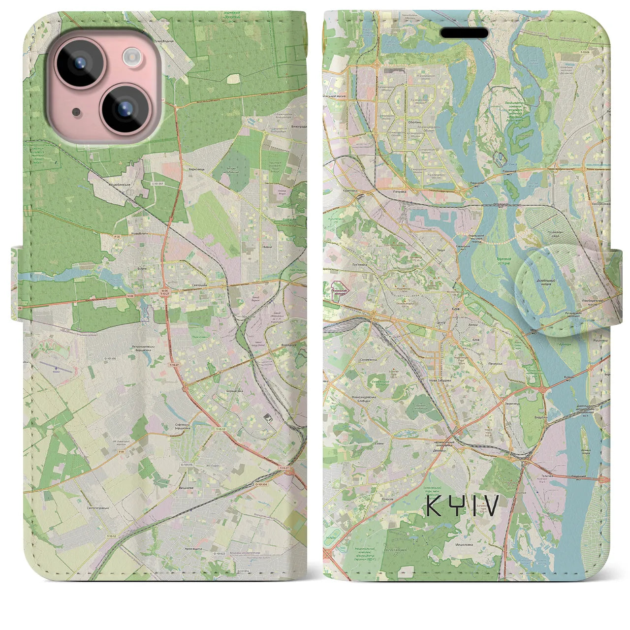 【キーウ(ウクライナ)】地図柄iPhoneケース(手帳タイプ)ナチュラル・iPhone 15 Plus 用