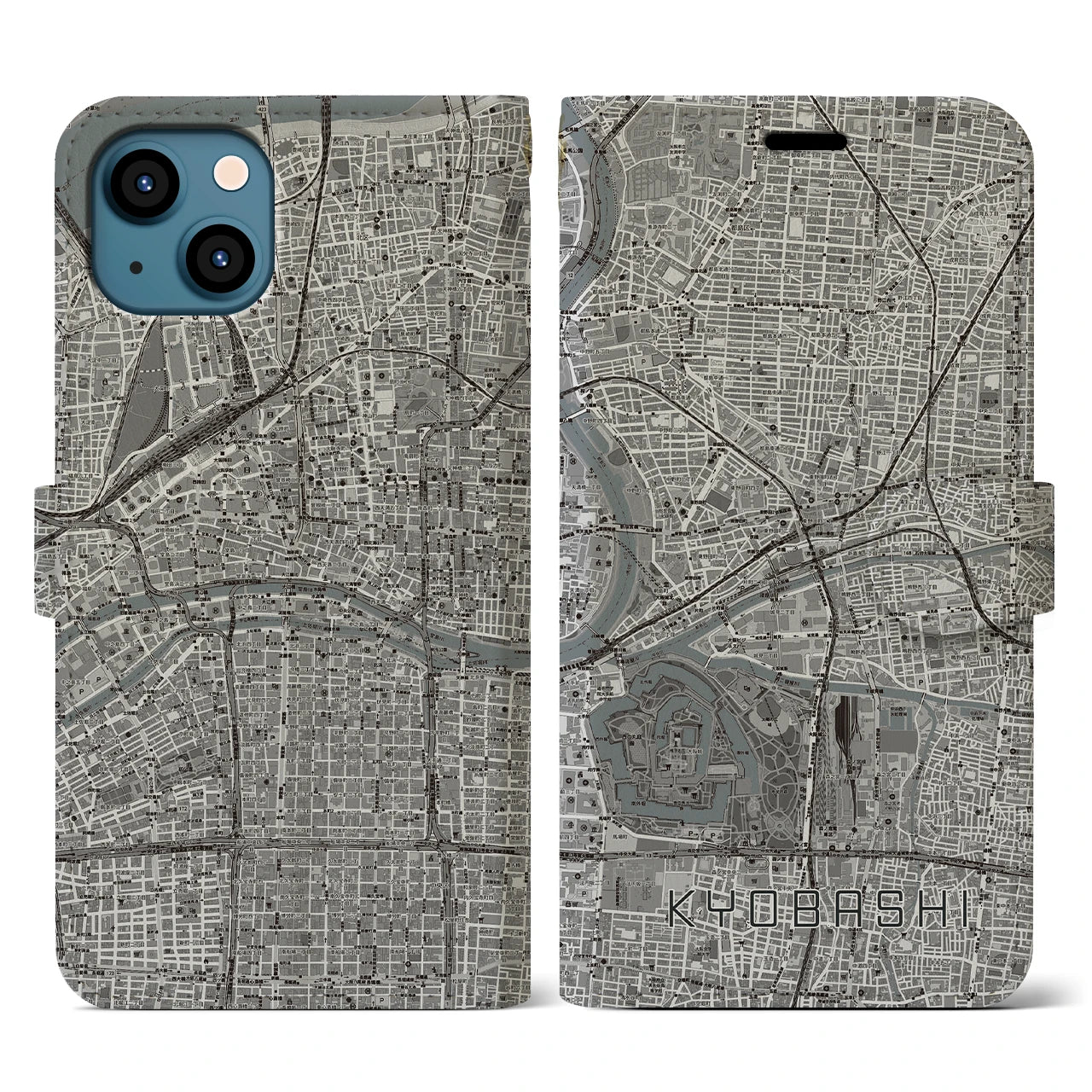 【京橋(大阪府)】地図柄iPhoneケース(手帳タイプ)モノトーン・iPhone 13 用