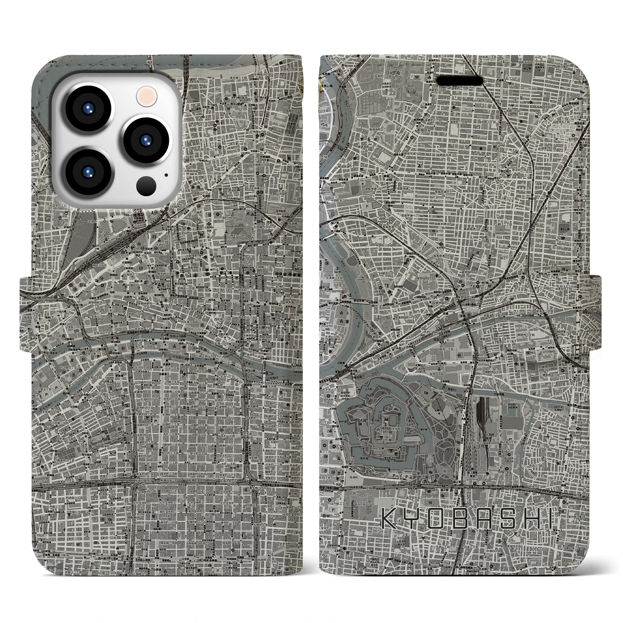 【京橋(大阪府)】地図柄iPhoneケース(手帳タイプ)モノトーン・iPhone 13 Pro 用
