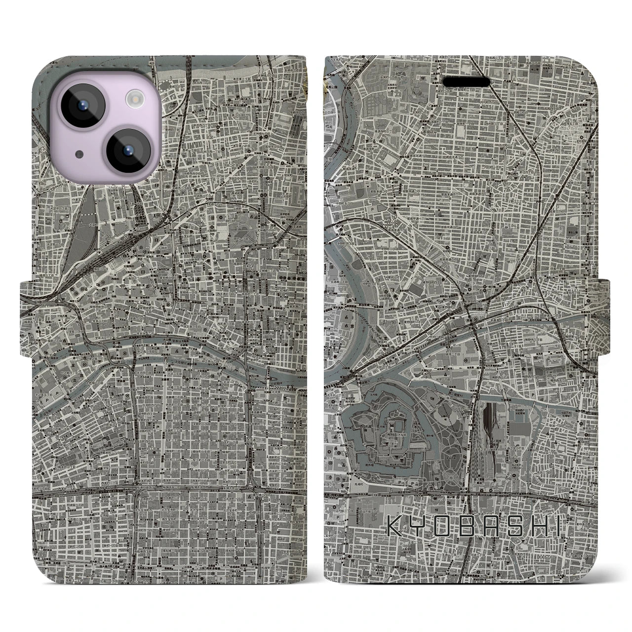 【京橋(大阪府)】地図柄iPhoneケース(手帳タイプ)モノトーン・iPhone 14 用