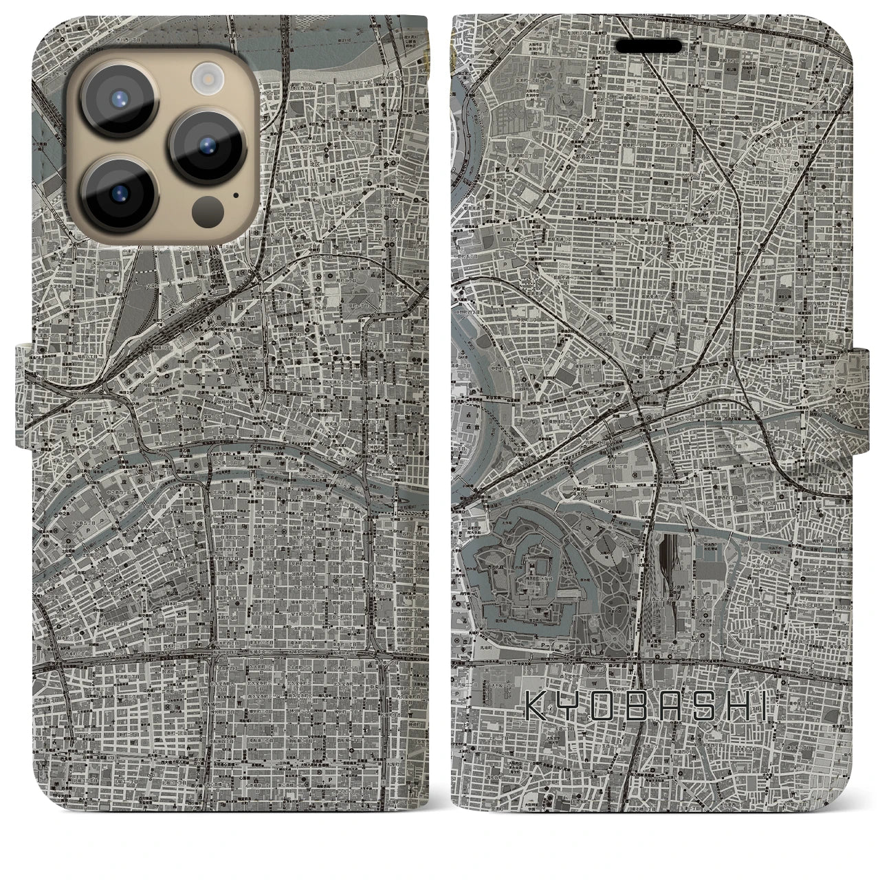 【京橋(大阪府)】地図柄iPhoneケース(手帳タイプ)モノトーン・iPhone 14 Pro Max 用