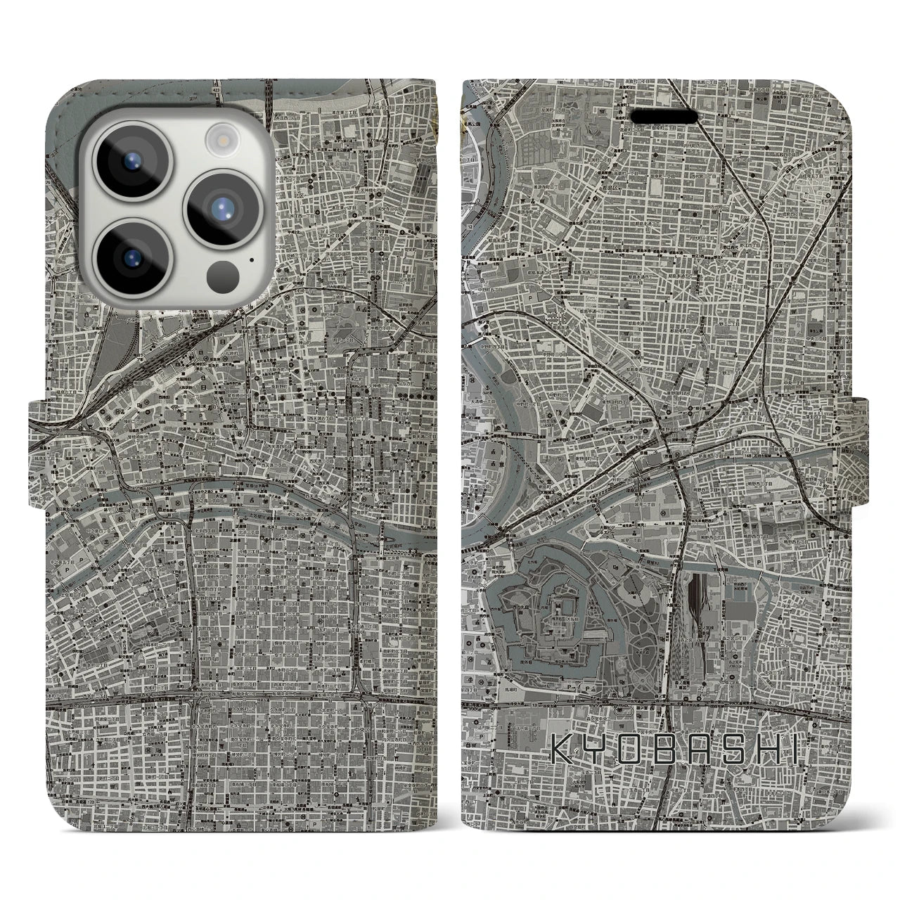 【京橋(大阪府)】地図柄iPhoneケース(手帳タイプ)モノトーン・iPhone 15 Pro 用