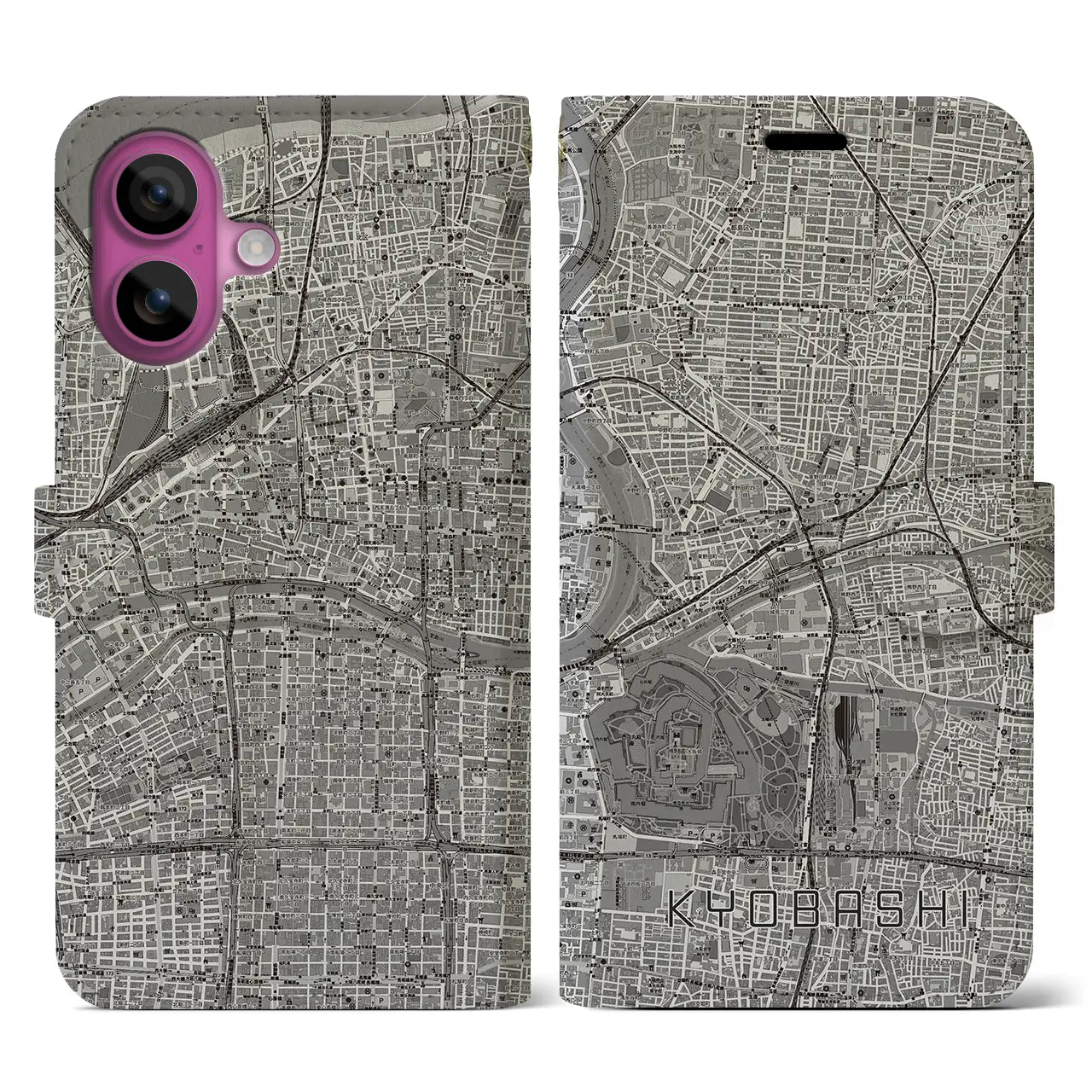 【京橋(大阪府)】地図柄iPhoneケース(手帳タイプ)モノトーン・iPhone 16 Pro 用